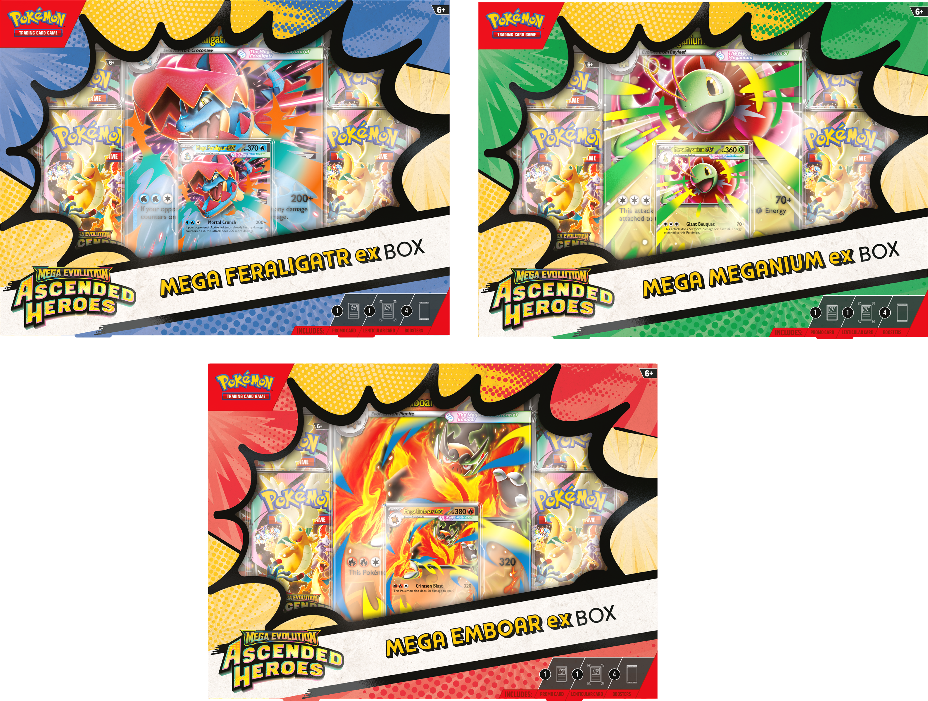 **POKÉMON Trading Card Game**

**MEGA EVOLUTION ASCENDED HEROES**

- **MEGA FERALIGATR ex BOX**
  - Includes: Mewtwo VSTAR, Mega Feraligatr, 1 Energy card, 1 Basic Pokémon card, 1 Trainer card, 1 Stadium card

- **MEGA MEGANIUM ex BOX**
  - Includes: Mewtwo VSTAR, Mega Meganium, 1 Energy card, 1 Basic Pokémon card, 1 Trainer card, 1 Stadium card

- **MEGA EMBOAR ex BOX**
  - Includes: Mewtwo VSTAR, Mega Emboar, 1 Energy card, 1 Basic Pokémon card, 1 Trainer card, 1 Stadium card

**Age:** 6+