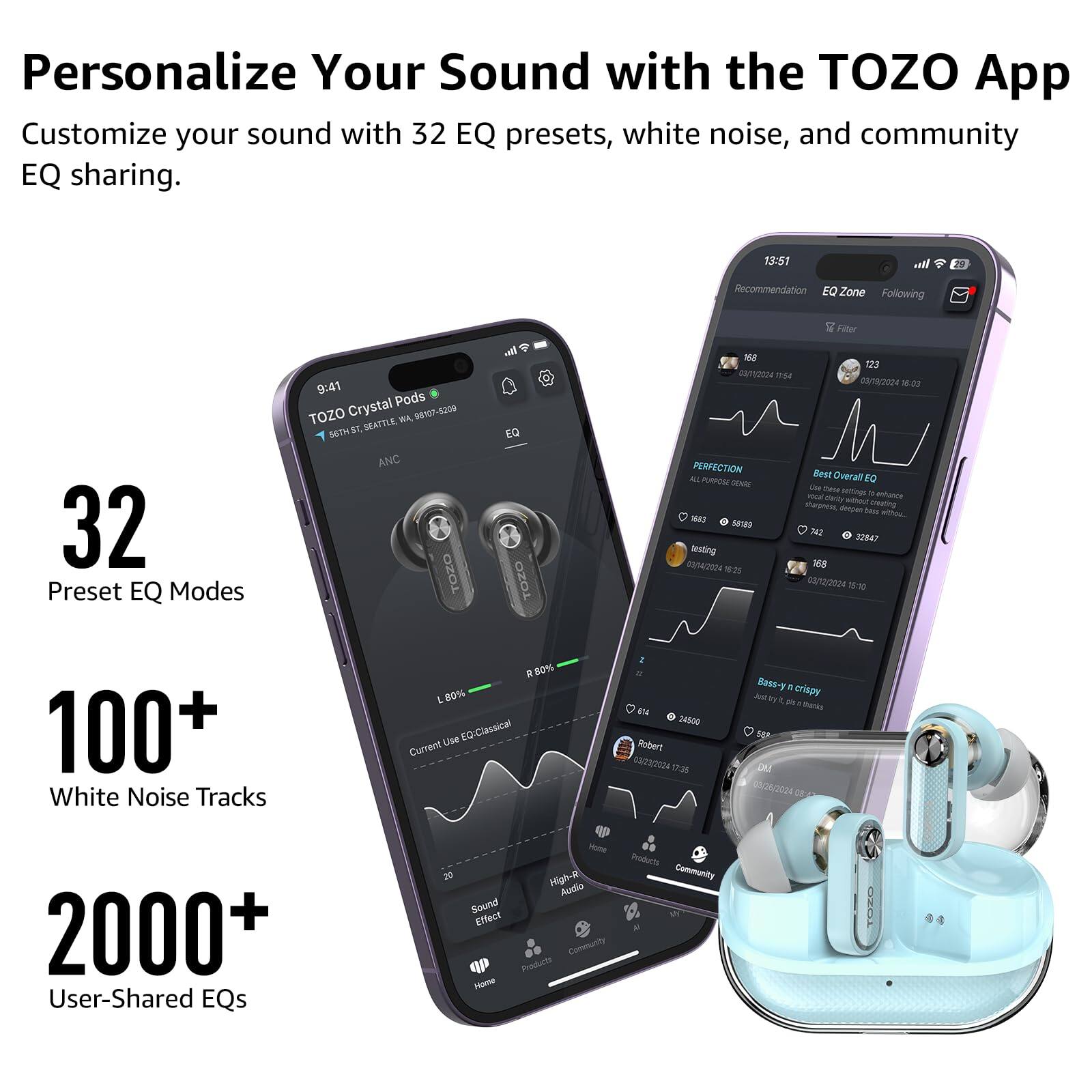 Personalize Your Sound with the TOZO App  
Customize your sound with 32 EQ presets, white noise, and community EQ sharing.

- 32 Preset EQ Modes
- 100+ White Noise Tracks
- 2000+ User-Shared EQs