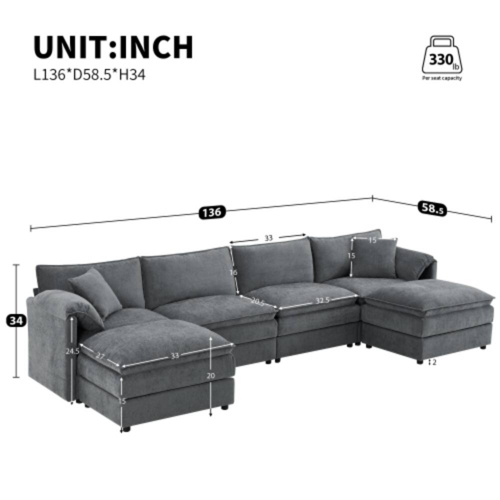 UNIT: INCH  
L136* D58.5* H34  

330 lb Per seat capacity  

136  
58.5  
33  
15  
15  
16  
32.5  
34  
24.5  
27  
33  
20  
12
