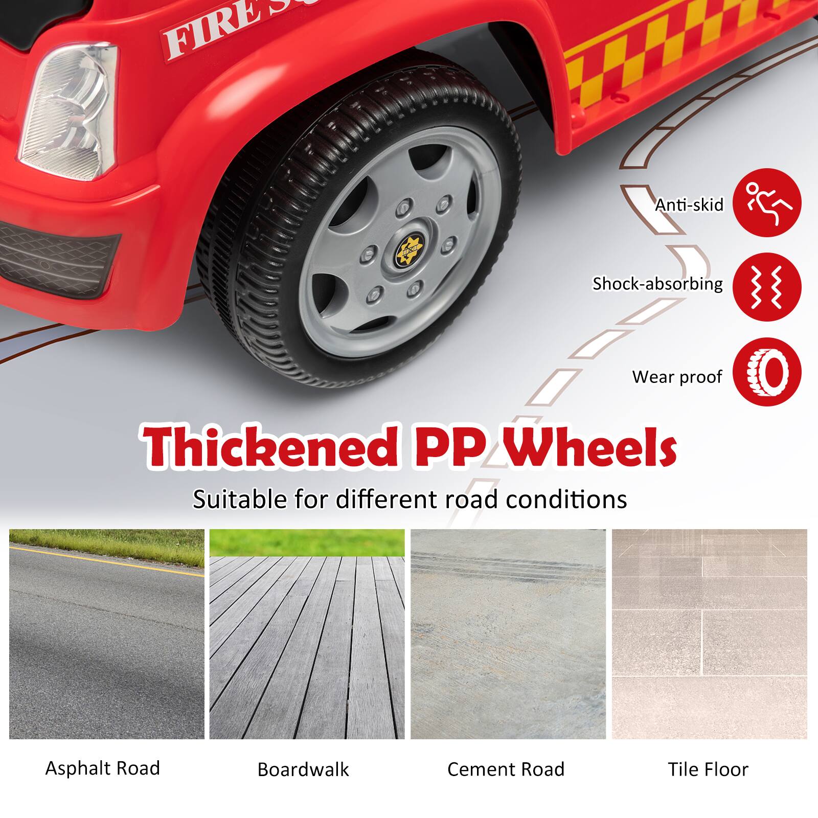 Thickened PP Wheels  
Suitable for different road conditions  

Anti-skid  
Shock-absorbing  
Wear proof  

Asphalt Road  
Boardwalk  
Cement Road  
Tile Floor