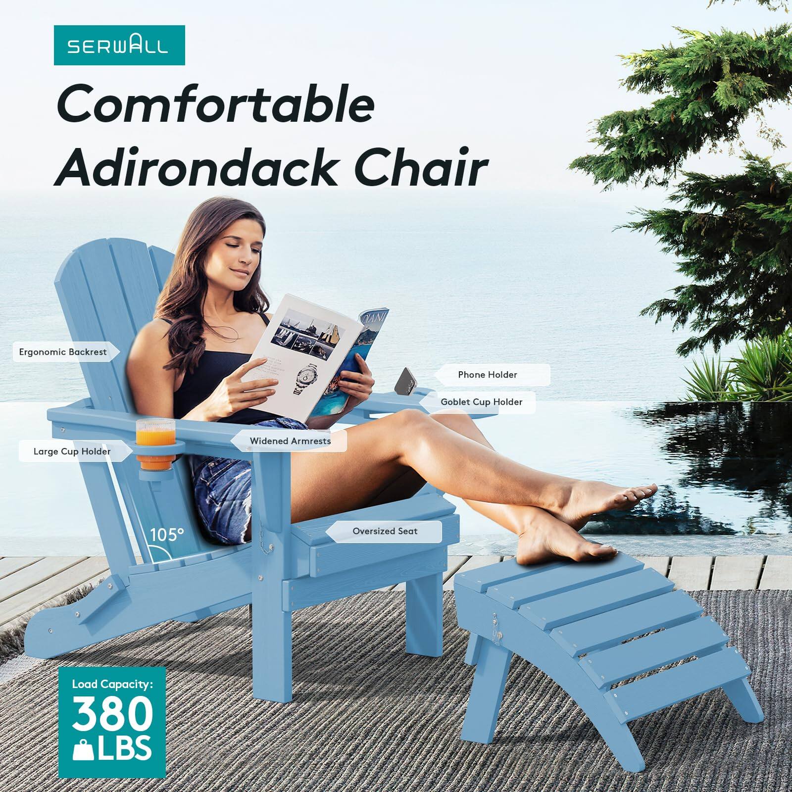 SERWALL Comfortable Adirondack Chair Ergonomic Backrest Phone Holder Goblet Cup Holder Large Cup Holder Widened Armrests 105 Oversized Seat Load Capacity: 380 LBS