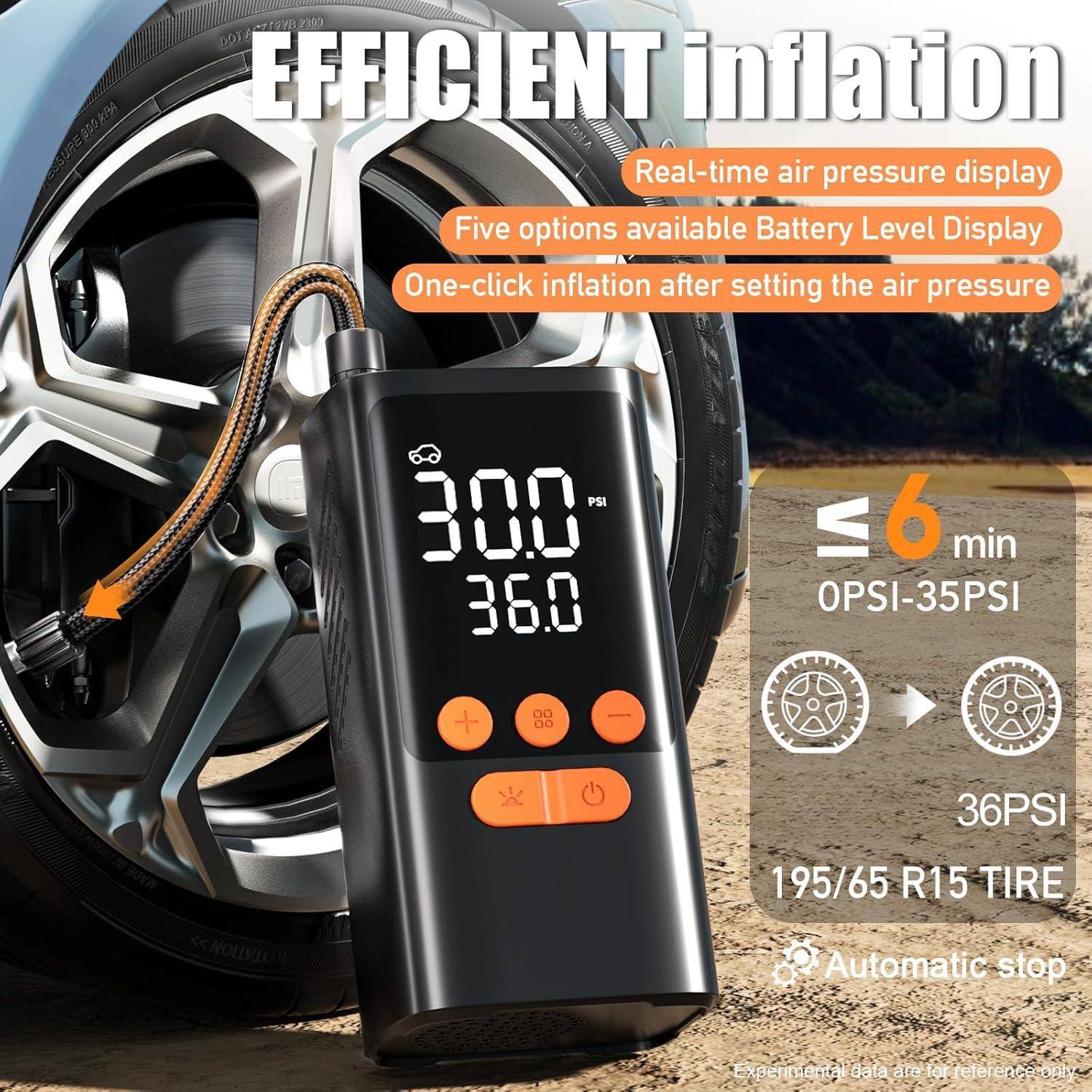 **EFFICIENT inflation**

- Real-time air pressure display
- Five options available
- Battery Level Display
- One-click inflation after setting the air pressure

**300 PSI**  
**36.0**

- 6 min
- 0PSI-35PSI
- 36PSI
- 195/65 R15 TIRE

**Automatic stop**

*Experimental data are for reference only*