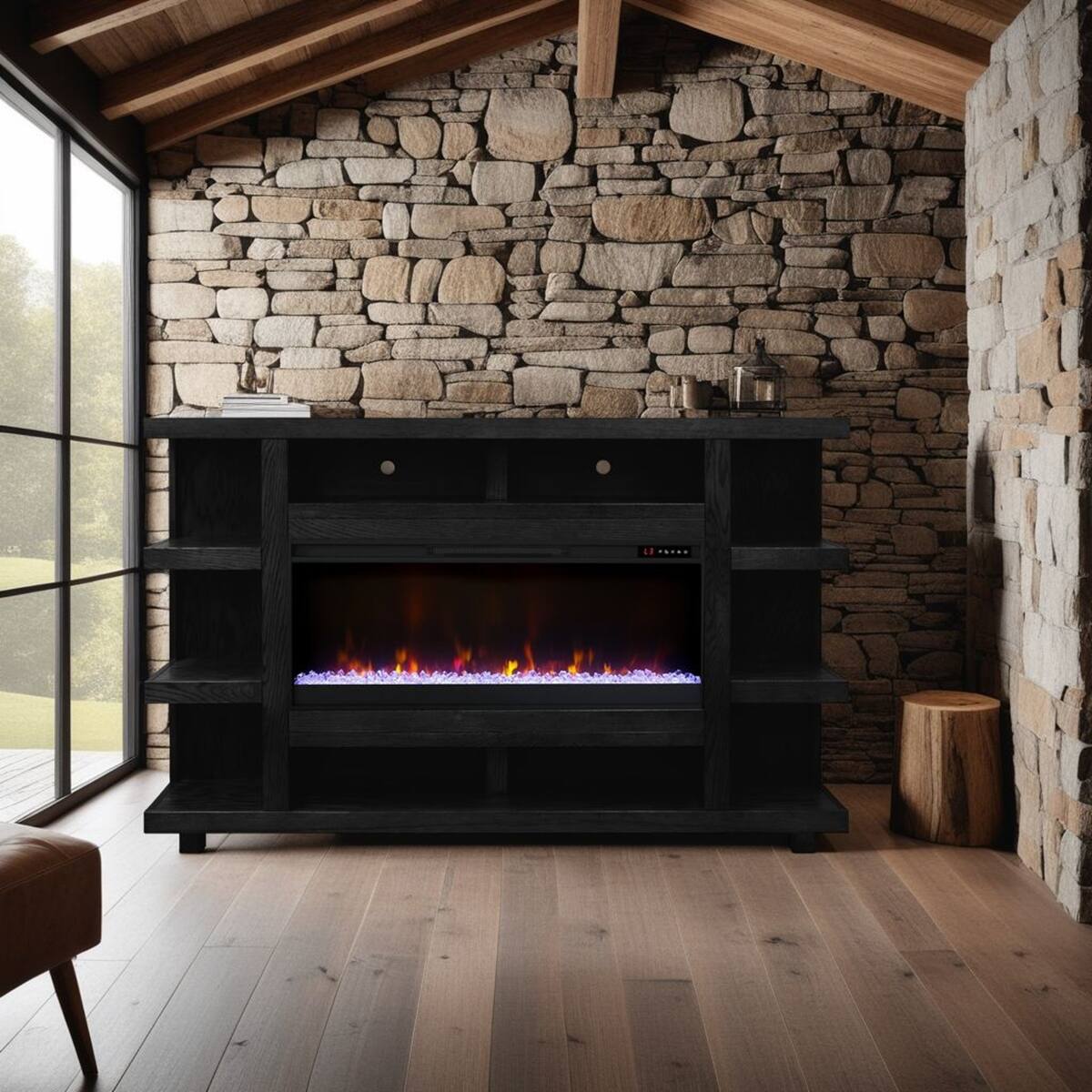 Front. Loheer - Loheer 72 inch electric fireplace mantel Modern Black with Shelves - Black.