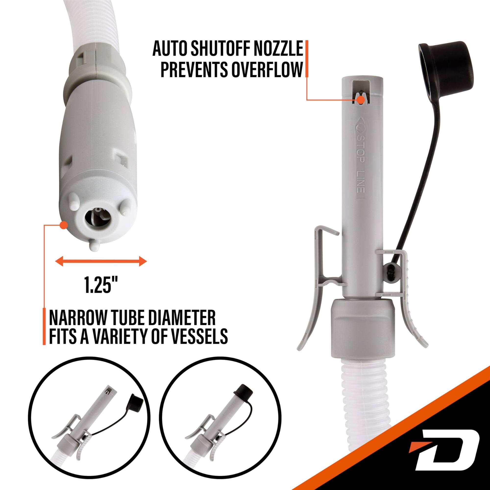AUTO SHUTOFF NOZZLE PREVENTS OVERFLOW
STOP LINE 1.25"
NARROW TUBE DIAMETER FITS A VARIETY OF VESSELS