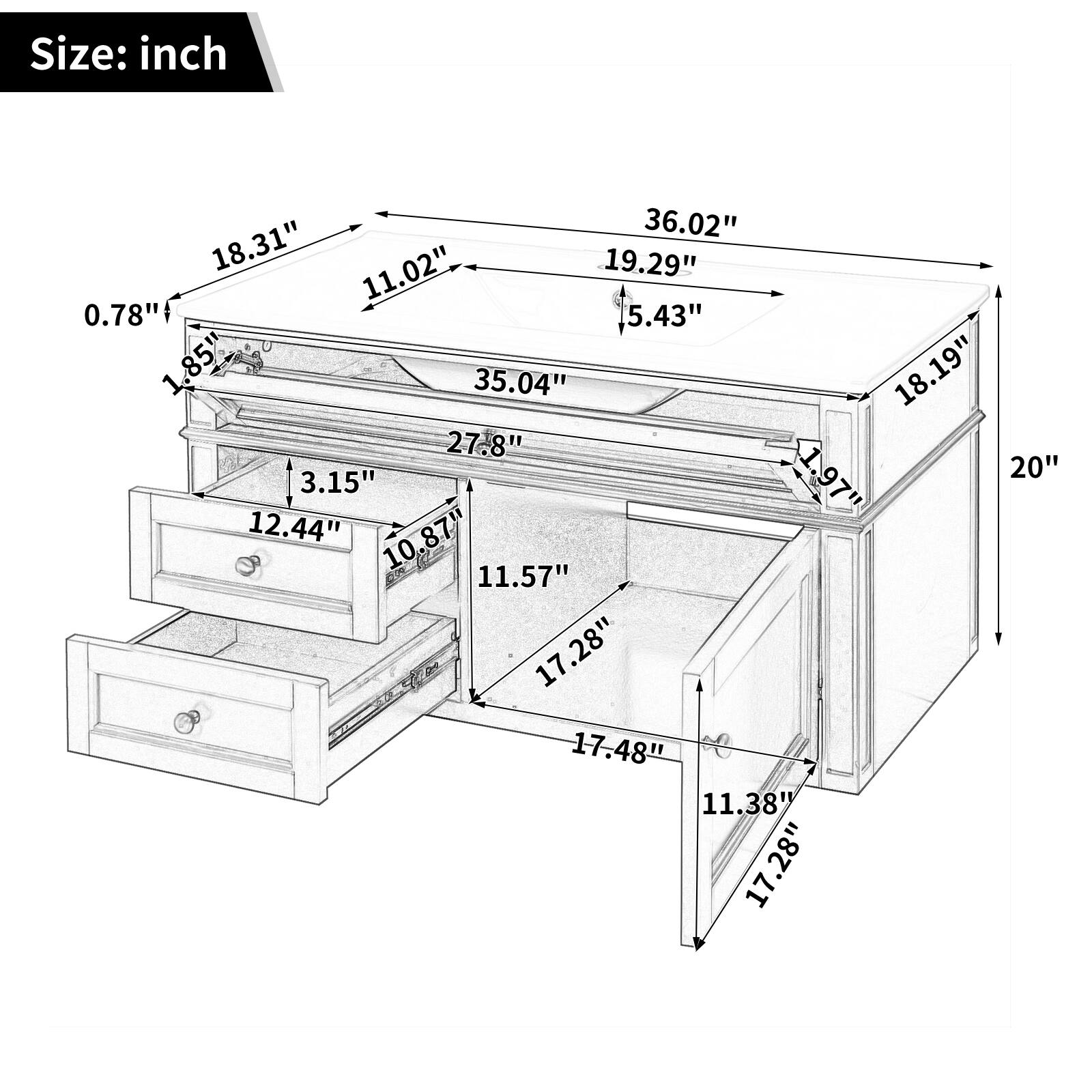 Size: inch  
36.02" 18.31" 11.02" 19.29" 0.78" 5.43" 1.85" 35.04" 18.19" 27.8" 1.97" 20" 3.15" 12.44" 10.87" 11.57"  
CCD 17.28" 17 17.48" 11.38" 17.28"