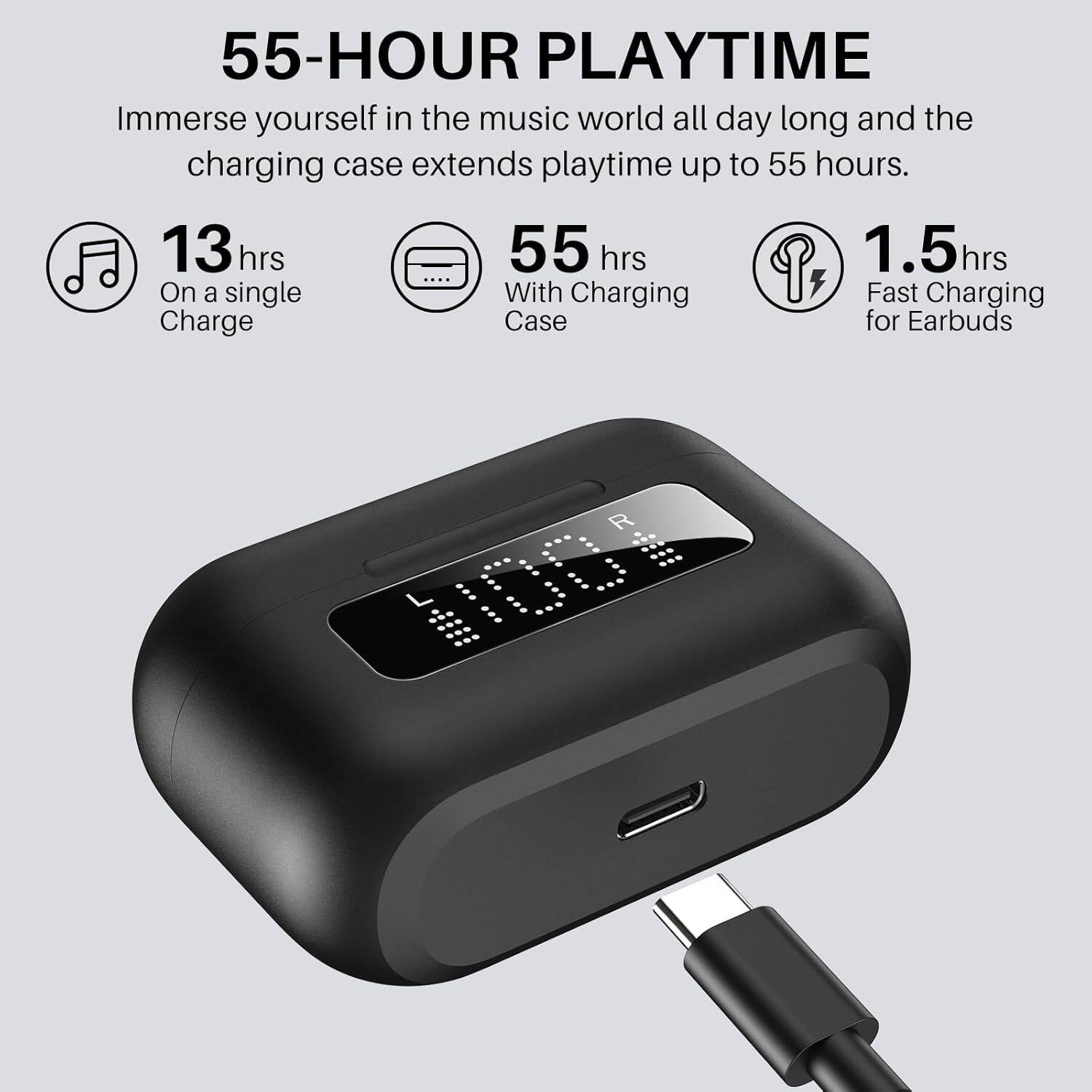 55-HOUR PLAYTIME  
Immerse yourself in the music world all day long and the charging case extends playtime up to 55 hours.  

- 13 hrs On a single Charge  
- 55 hrs With Charging Case  
- 1.5 hrs Fast Charging for Earbuds