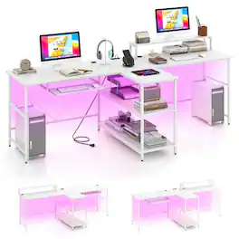 Pefilos - 2-Person Reversible Computer Desk Long Office Desk with LED Lights - White
