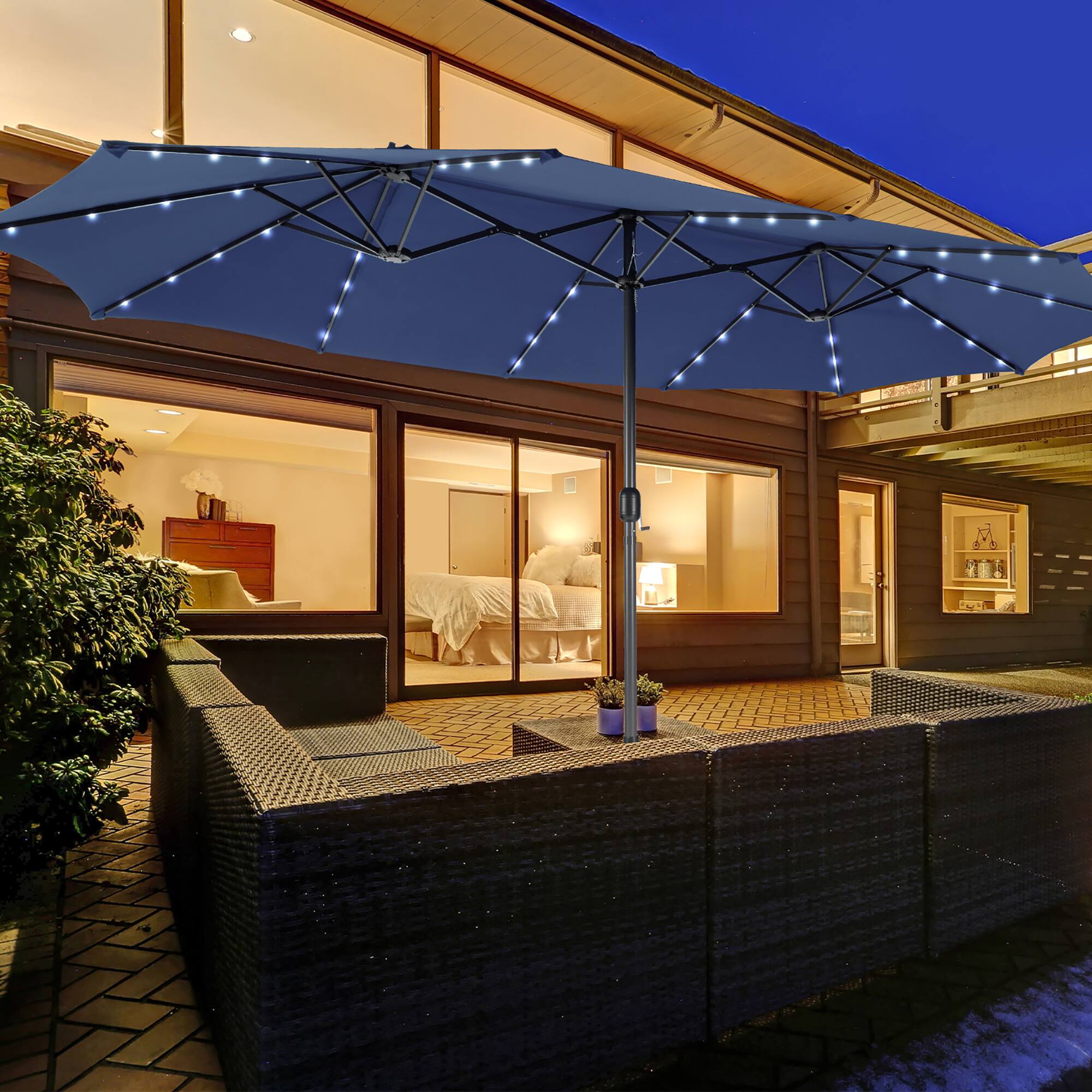 Alt View 1. Costway - Costway 15FT Twin Patio Double-Sided Umbrella 48 Solar LED Lights Crank Outdoor - Blue.