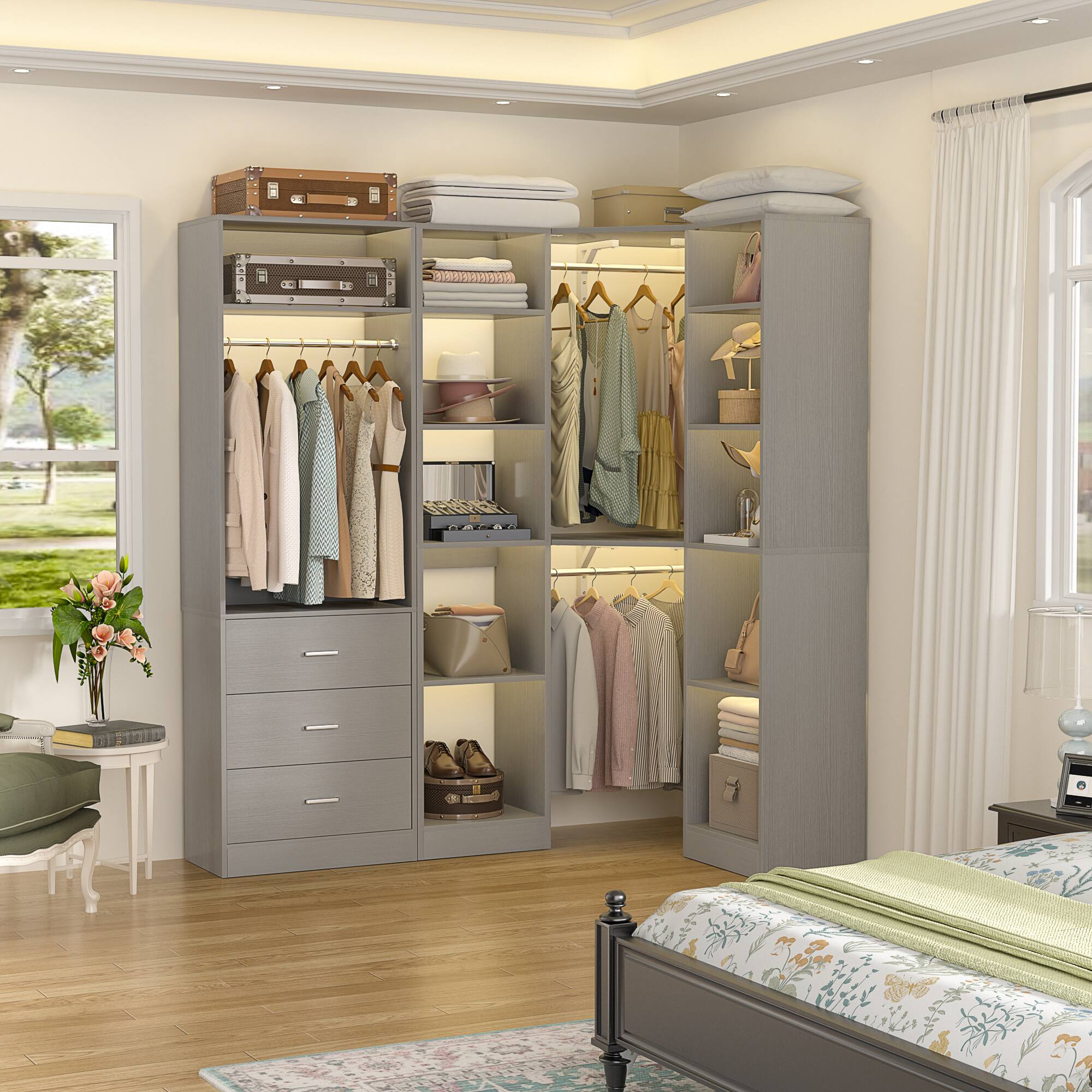 Left. Aheaplus - L-Shaped Corner Closet: 3 Drawers + 13 Shelves, 2000lb Capacity ,Space-Saving Walk-in Organizer,Ships in 2 or 3 packages - Gray.