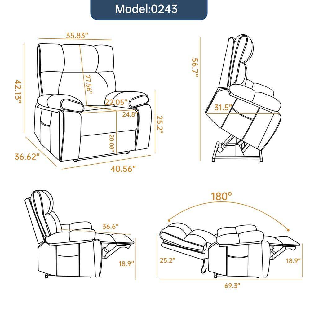 Model: 0243  
35.83"  
42.13"  
36.62"  
27.56"  
22.05"  
24.8"  
20.08"  
40.56"  
25.2"  
56.7"  
31.5"  
180°  
36.6"  
18.9"  
25.2"  
18.9"  
69.3"