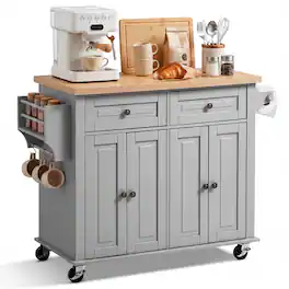 VEVOR - Kitchen Island Cart with Storage, 43.7 in Wide Mobile Rolling Storage Island on Swivel Wheels, with 2 Drawers - Gray