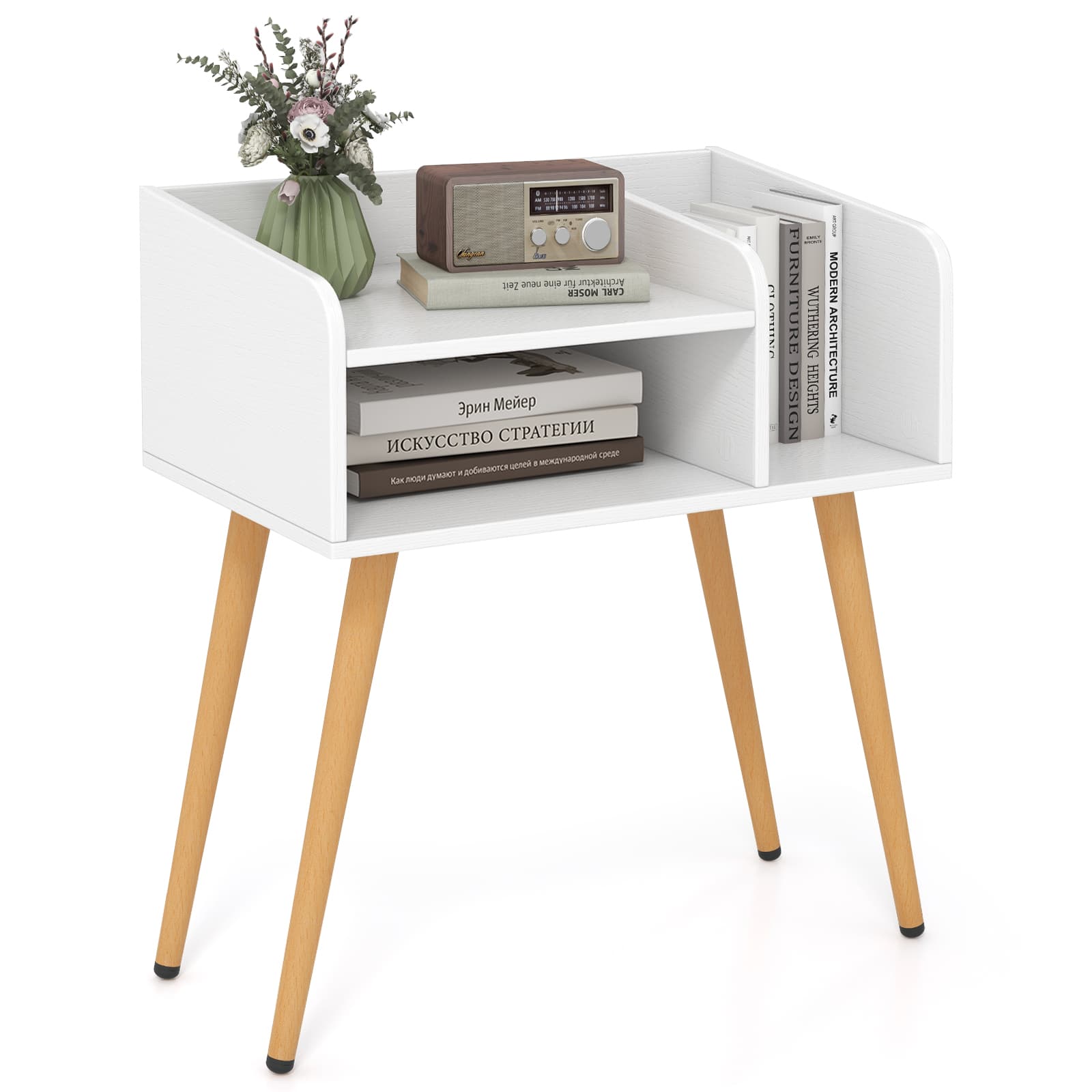 Ecooso - Mid Century Modern Nightstand with Open Shelves Bedside End Side Table for Bedroom - White