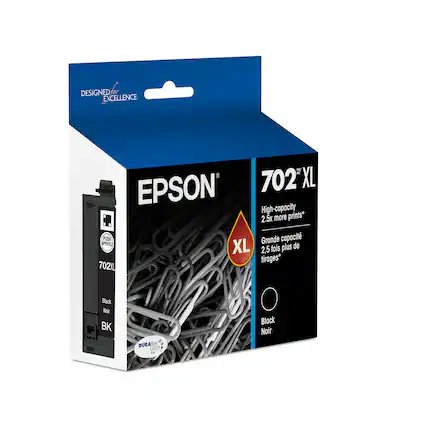 The text on the image reads: "Designed for Excellence. 702XL EPSON High-capacity 2.5x more prints* Push Grande capacite XL de 2,5 fois plus tirages* 702XL Black Noir BK Durab-e Ultra - M Black Noir."
