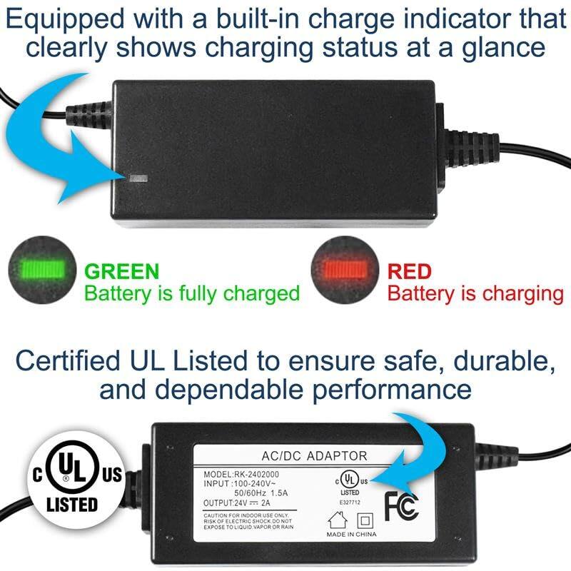 Equipped with a built-in charge indicator that clearly shows charging status at a glance

- GREEN: Battery is fully charged
- RED: Battery is charging

Certified UL Listed to ensure safe, durable, and dependable performance

AC/DC ADAPTOR

MODEL: RK-2402000

INPUT: 100-240V~ 50/60Hz 1.5A

OUTPUT: 24V 2A

E327712

CAUTION: RISK OF ELECTRIC SHOCK. DO NOT EXPOSE TO LIQUID VAPOR OR RAIN

MADE IN CHINA