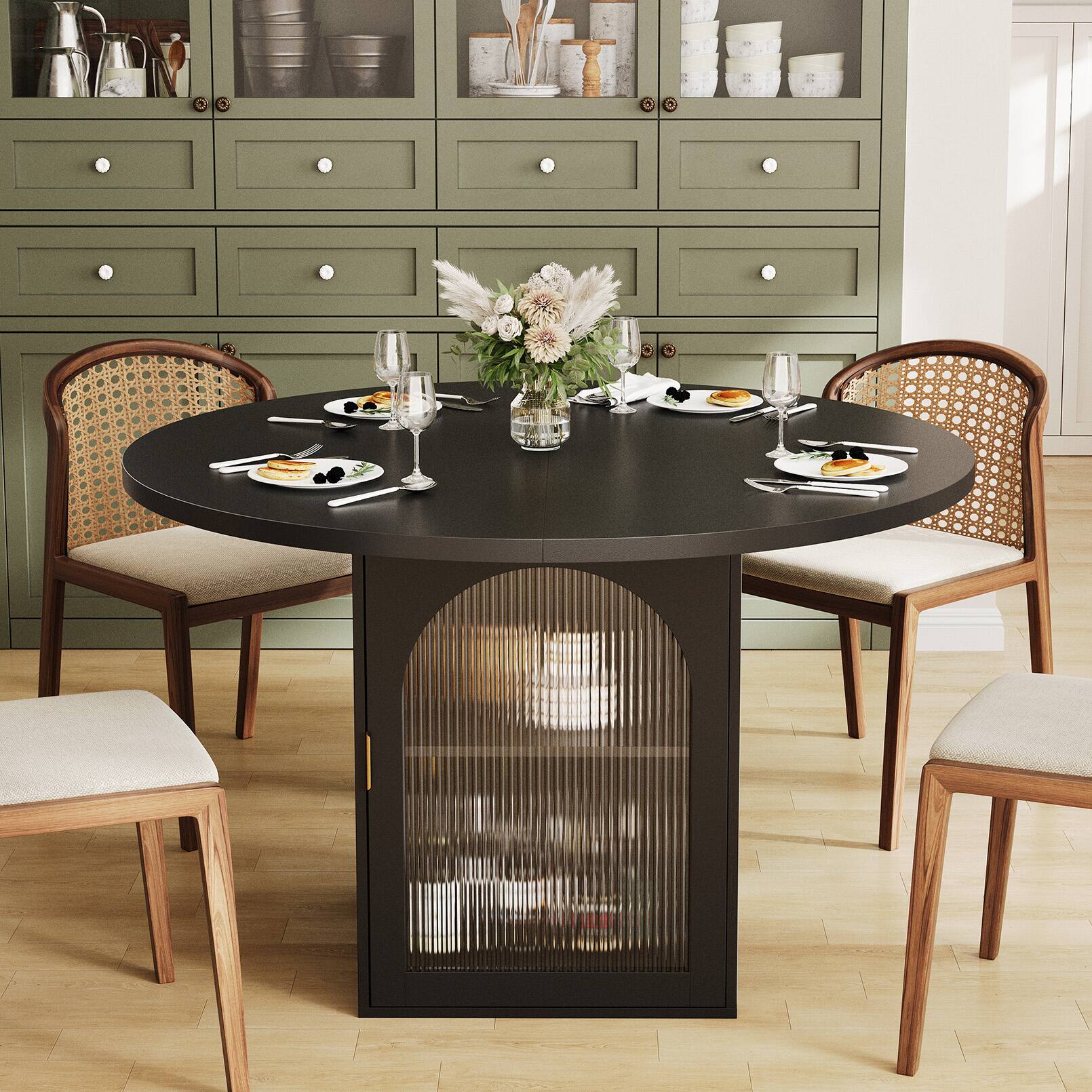 Alt View 1. Anysun - 47" Round Dining Table with Storage Cabinet - Pedestal Base, Ribbed Glass Doors, Seats 4-6 for Apartments. - Black.