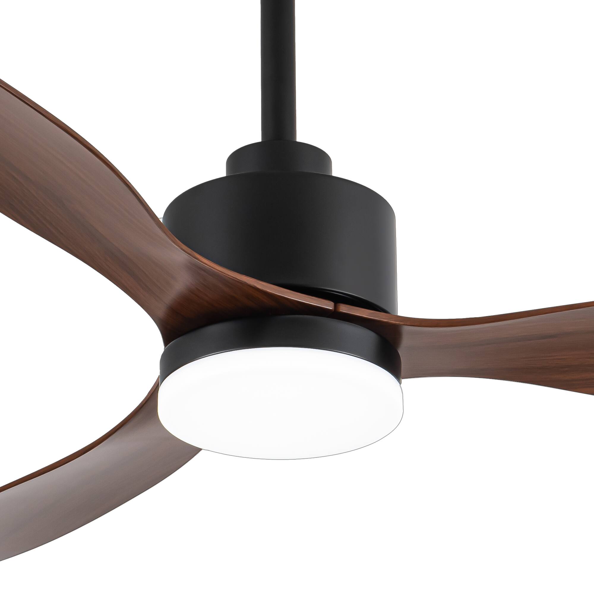 Left. Breezary - 52" Indoor Ceiling Fan, 3 ABS Blades, 6-Speed DC Motor, Remote Control, Memory/Timer, 3-Color LED Light, 5"/10" Downrods - Matte Black and Dark Wood Grain.