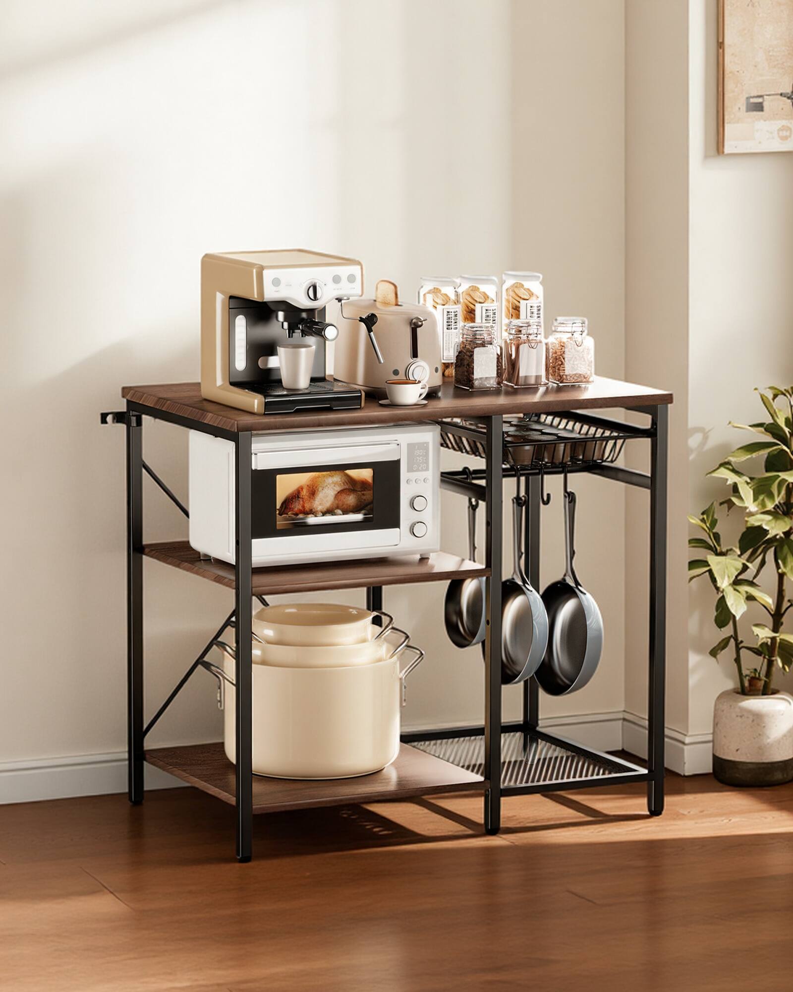 Angle. VEVOR - Kitchen Bakers Rack, 35.4 inch Width Bakers Rack, Kitchen Stand with X-Shaped Support Bar, 5 S-Shaped Hooks - Walnut Wood + Black Iron Tube.