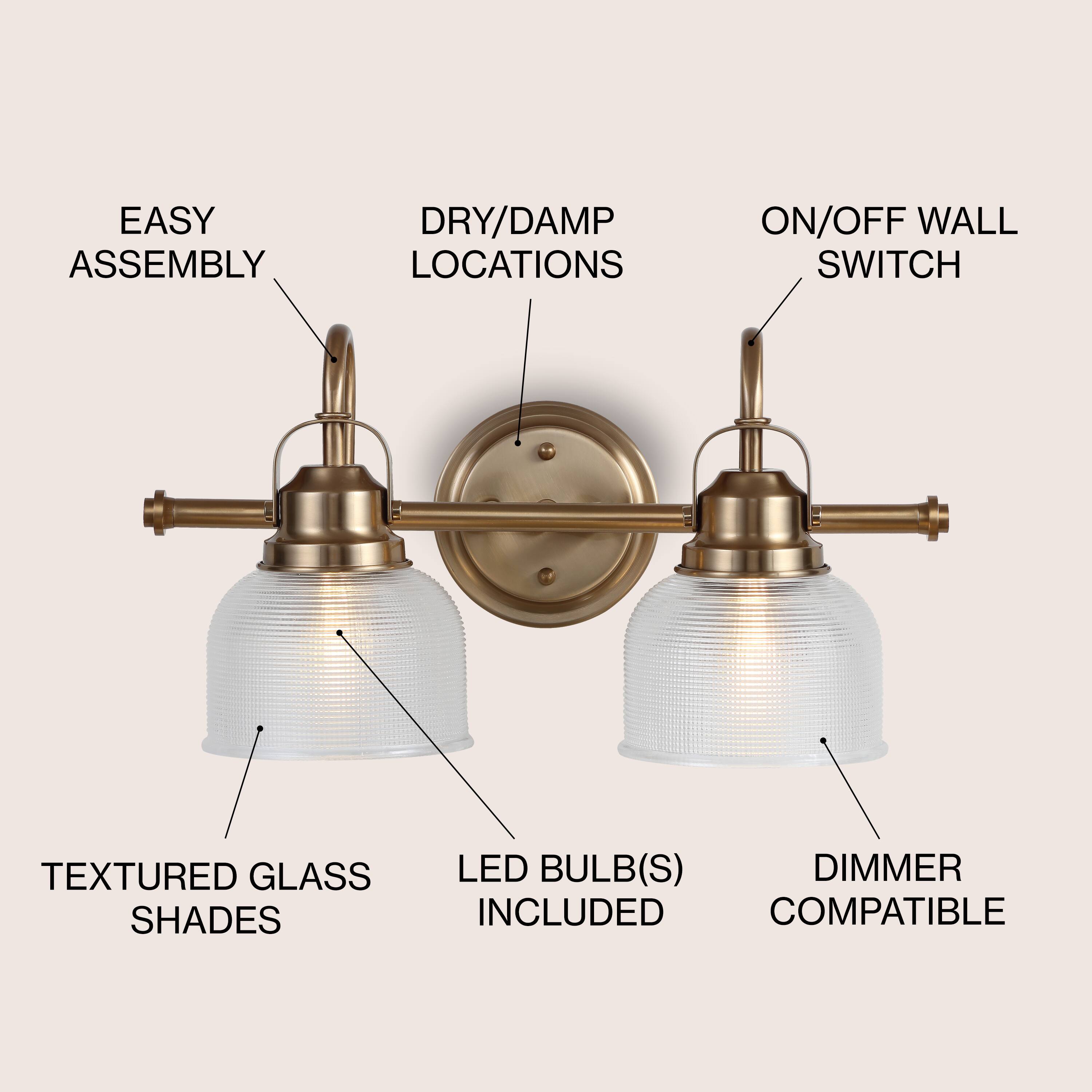 EASY ASSEMBLY  
DRY/DAMP LOCATIONS  
ON/OFF WALL SWITCH  
TEXTURED GLASS SHADES  
LED BULB(S) INCLUDED  
DIMMER COMPATIBLE