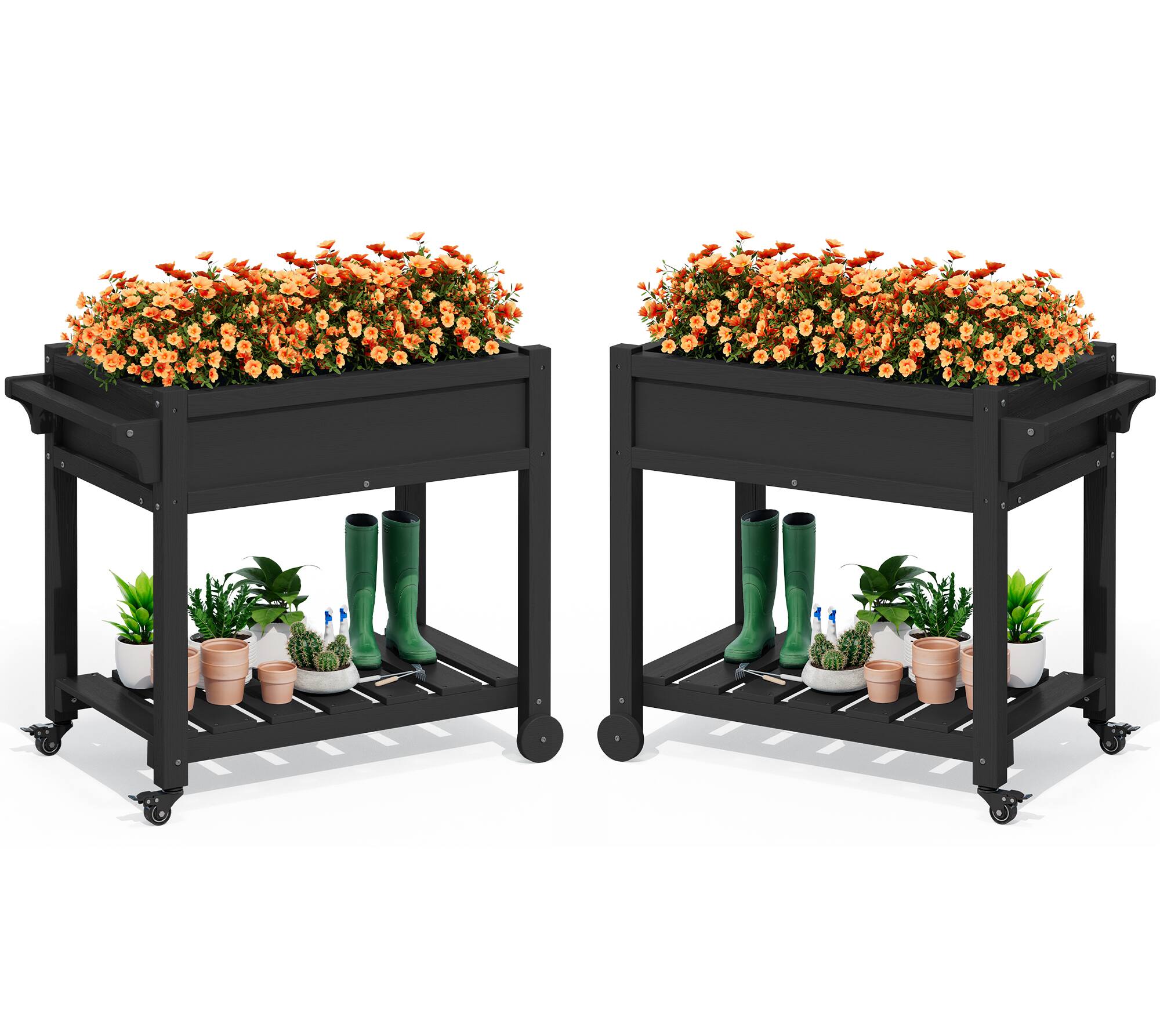 Alt View 4. SERWALL - SERWALL Raised Garden Bed on Wheels with Storage Shelf Set of 2,Black - Black.