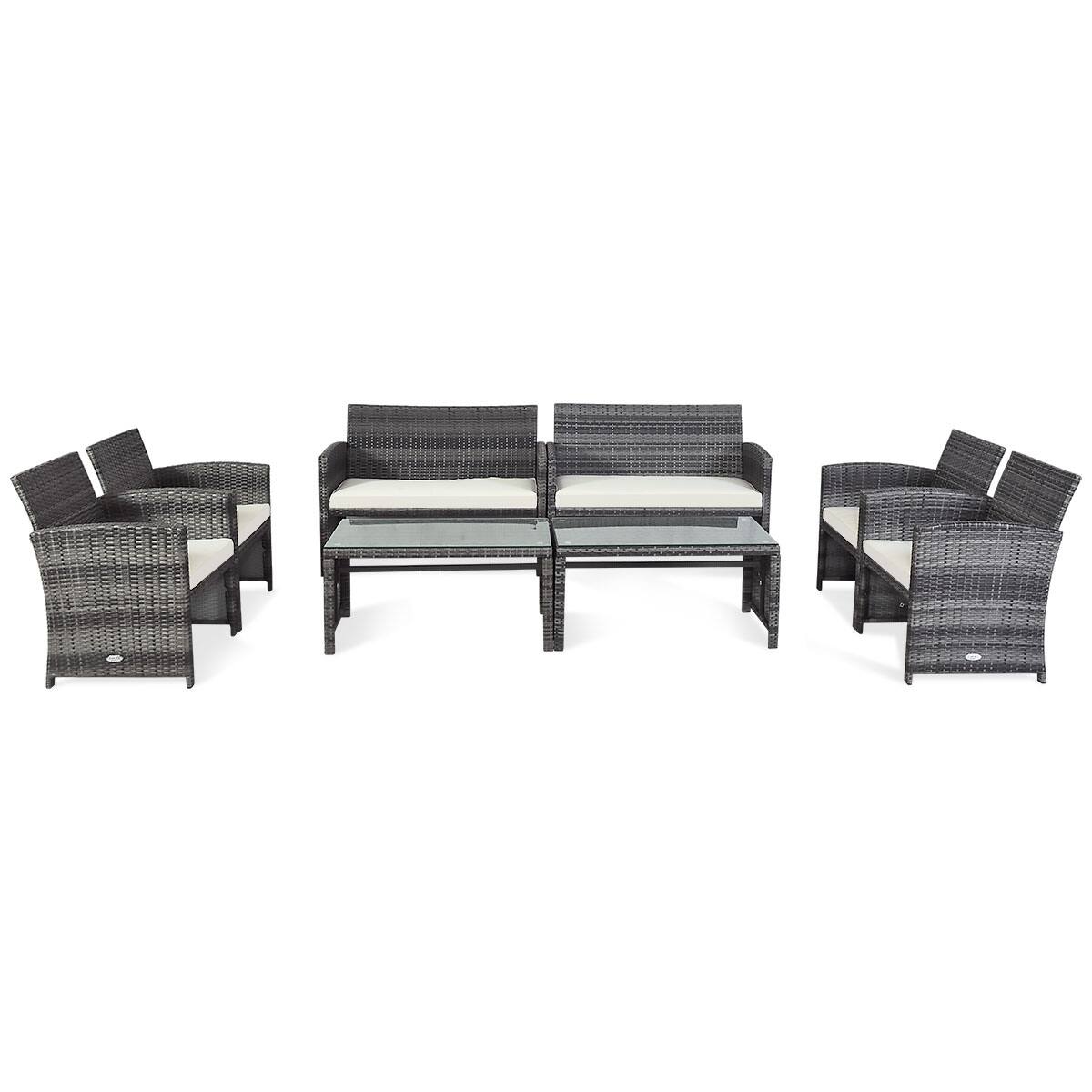 Costway - 8-piece Patio Rattan Sets Glass Top Table & Sofa With Cushion - Mix grey