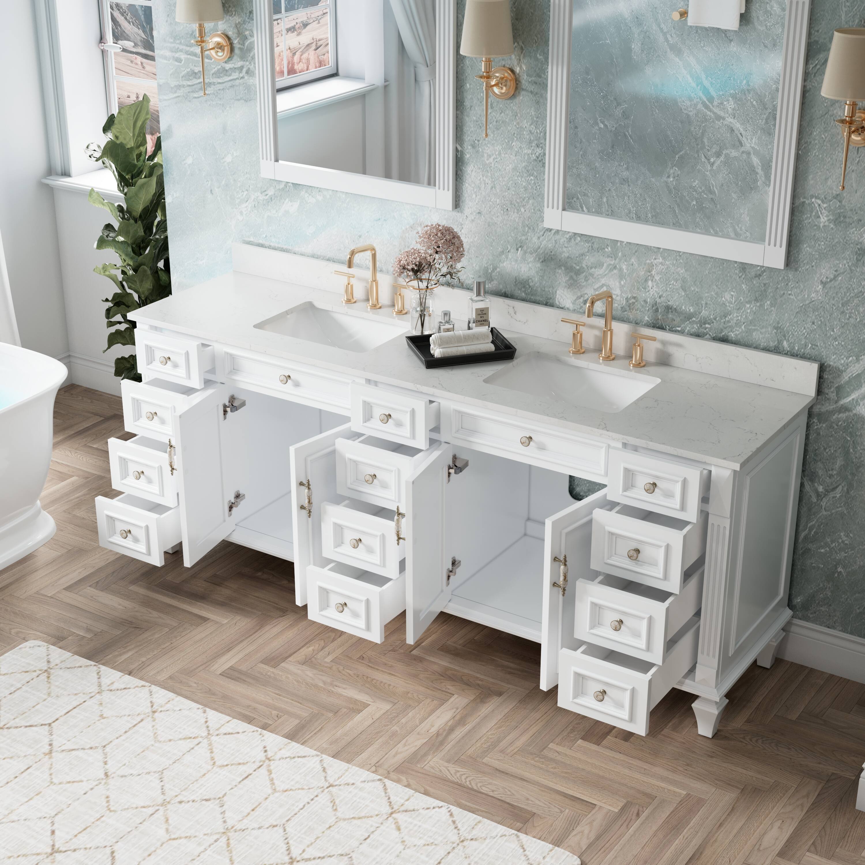 Back. WELLFOR - ARTWOOD 84 in. Solid Wood Bath Vanity with Quartz Top, Double Sink, Soft Close, Assembled - White.