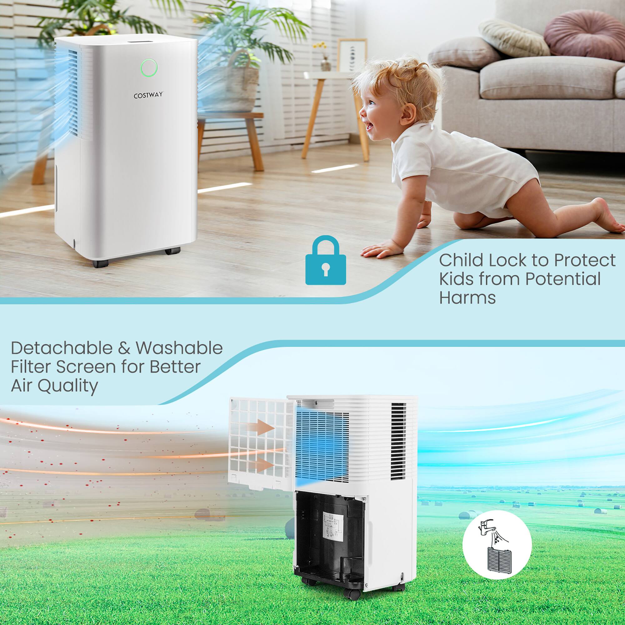 The text on the image is grouped as follows:

1. "COSTWAY Child Lock to Protect Kids from Potential Harms": This text is about the child lock feature of the air purifier, which aims to ensure the safety of children by preventing them from accessing potentially dangerous parts of the appliance.

2. "Detachable & Washable Filter Screen for Better Air Quality": This text is about the filter screen of the air purifier, which can be detached and washed for better hygiene and air quality.