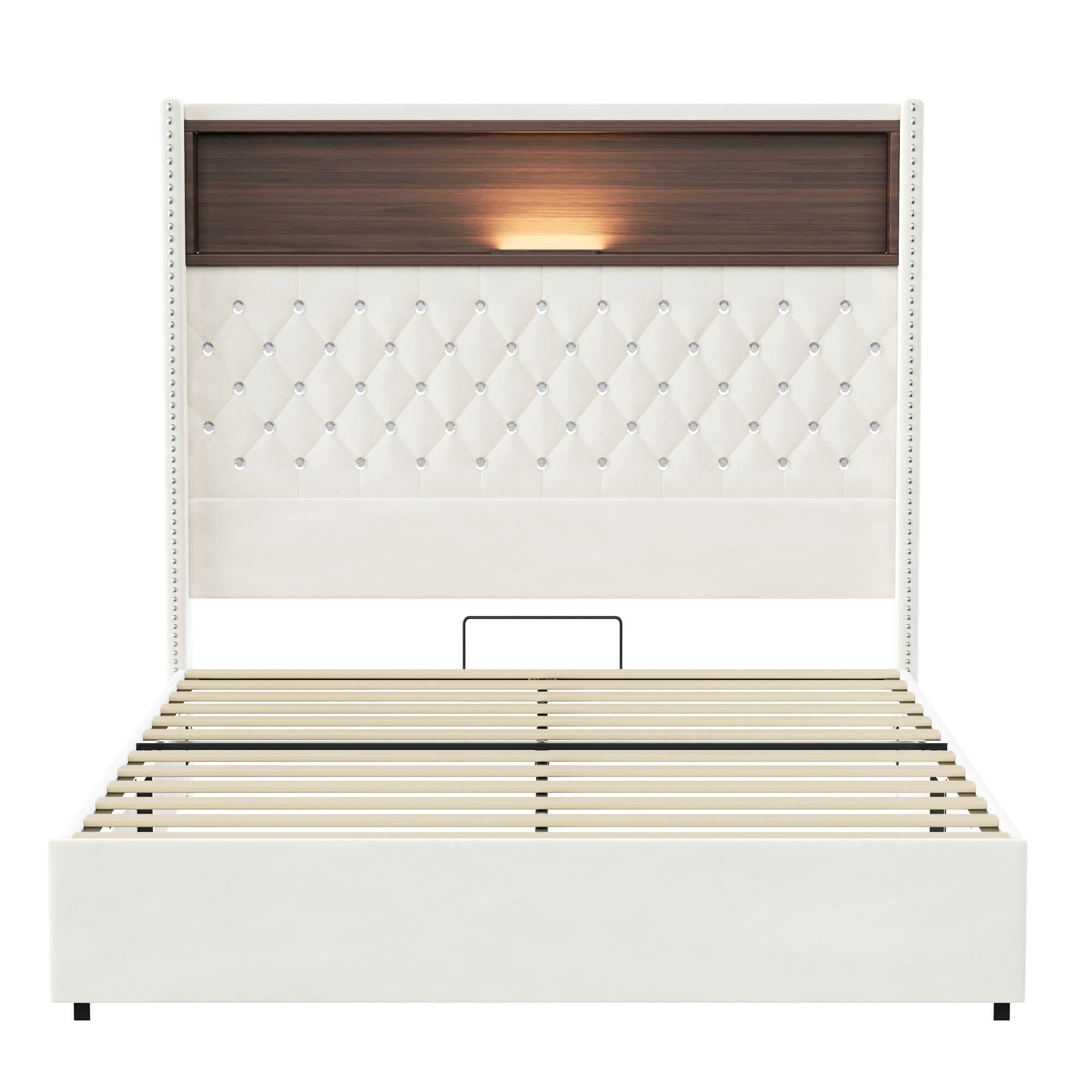 Alt View 7. GOODSILO - Luxurious Velvet Tufted Bed Frame with USB Port and Night Light, High Headboard Platform Bed - Beige.