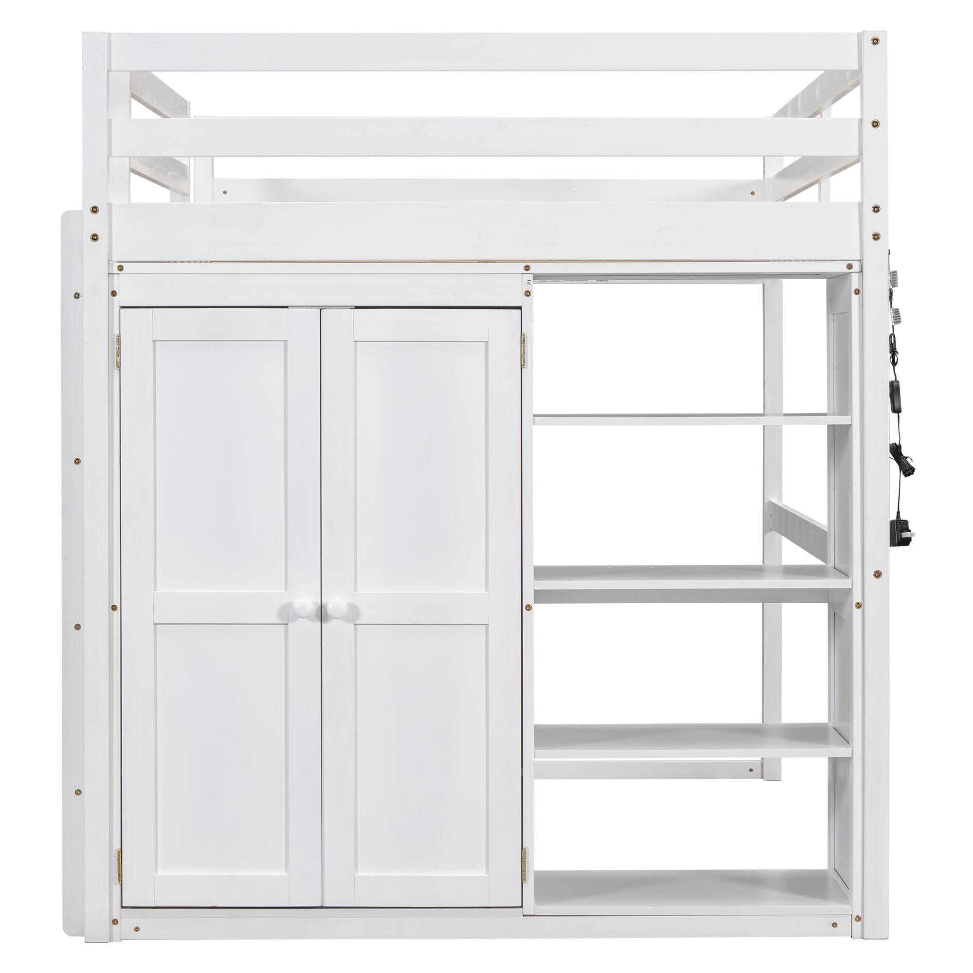 Alt View 1. Whisen - Full Size Loft Bed with Built-in Wardrobe, Storage Shelves and LED Light, Wood Frame - White.