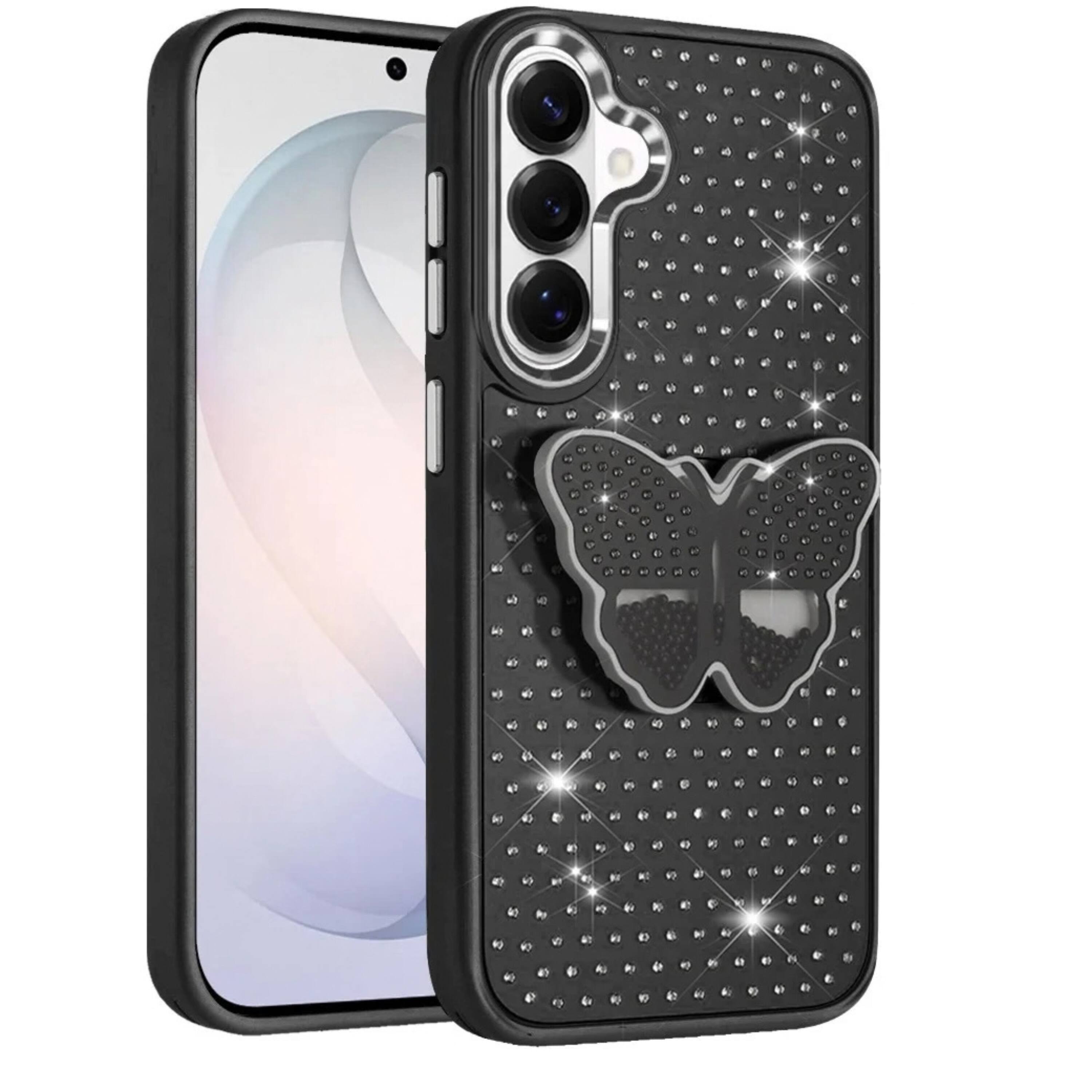 Left. Kitcheniva - Butterfly Faux Crystal Grip Stand Phone Case With Tempered Glass For Samsung S26 FE Purple - Purple.