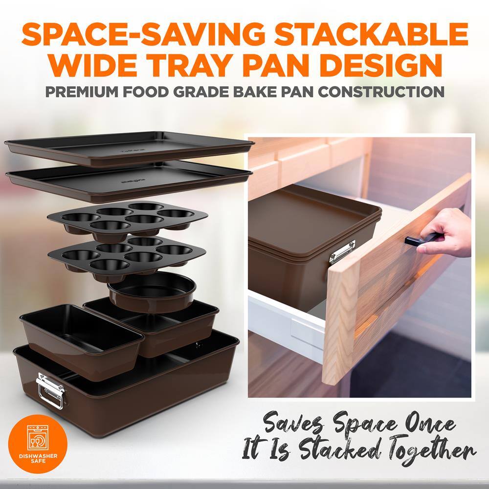 SPACE-SAVING STACKABLE WIDE TRAY PAN DESIGN  
PREMIUM FOOD GRADE BAKE PAN CONSTRUCTION  

Saves Space Once It Is Stacked Together  

DISHWASHER SAFE