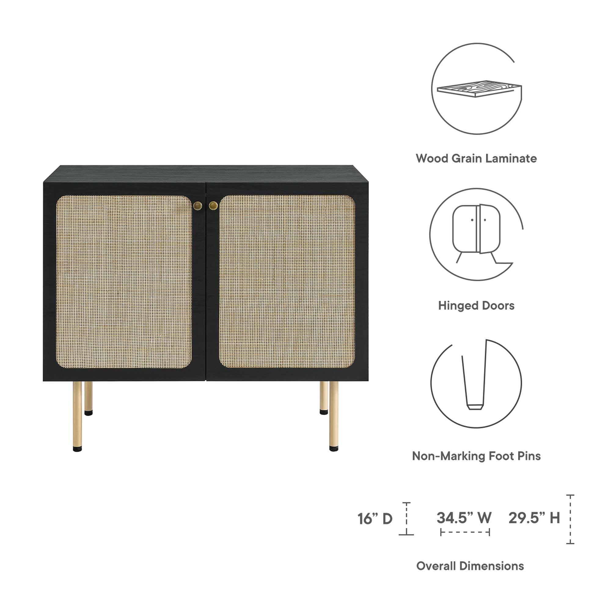 Wood Grain Laminate  
Hinged Doors  
Non-Marking Foot Pins  

Overall Dimensions:  
16" D x 34.5" W x 29.5" H