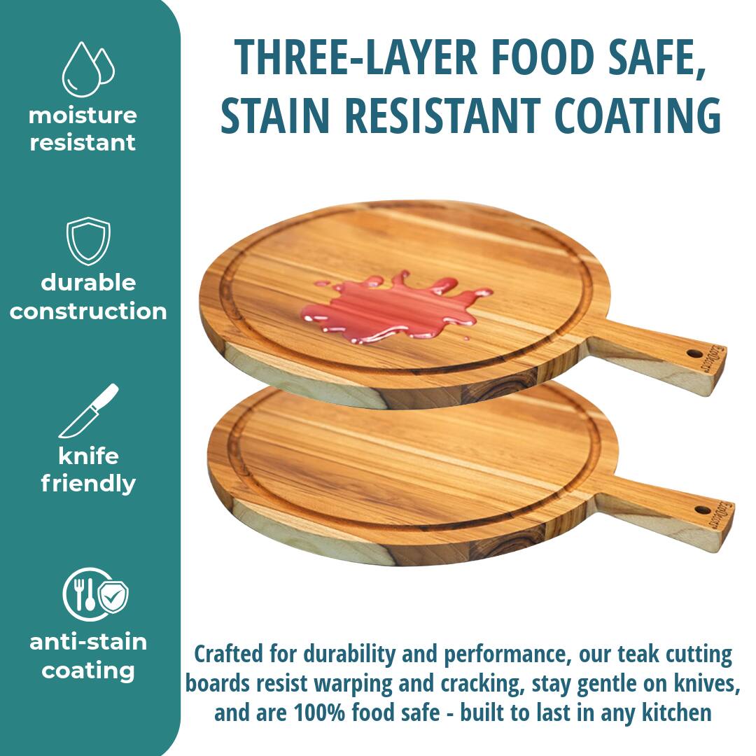 THREE-LAYER FOOD SAFE, STAIN RESISTANT COATING

moisture resistant

durable construction

knife friendly

anti-stain coating

Crafted for durability and performance, our teak cutting boards resist warping and cracking, stay gentle on knives, and are 100% food safe - built to last in any kitchen