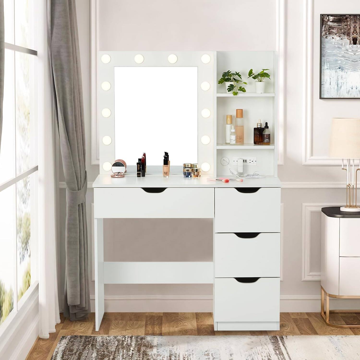 Alt View 7. GARVEE - Makeup Vanity with Mirror,12 LED Lights with 3 Adjustable Lighting Modes and Brightness Levels, Built-in Power Outlet - White.