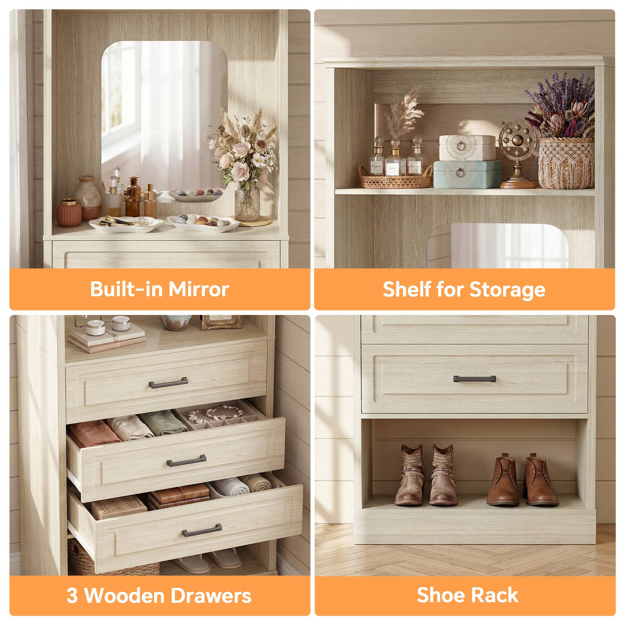 Built-in Mirror Shelf for Storage 3 Wooden Drawers Shoe Rack