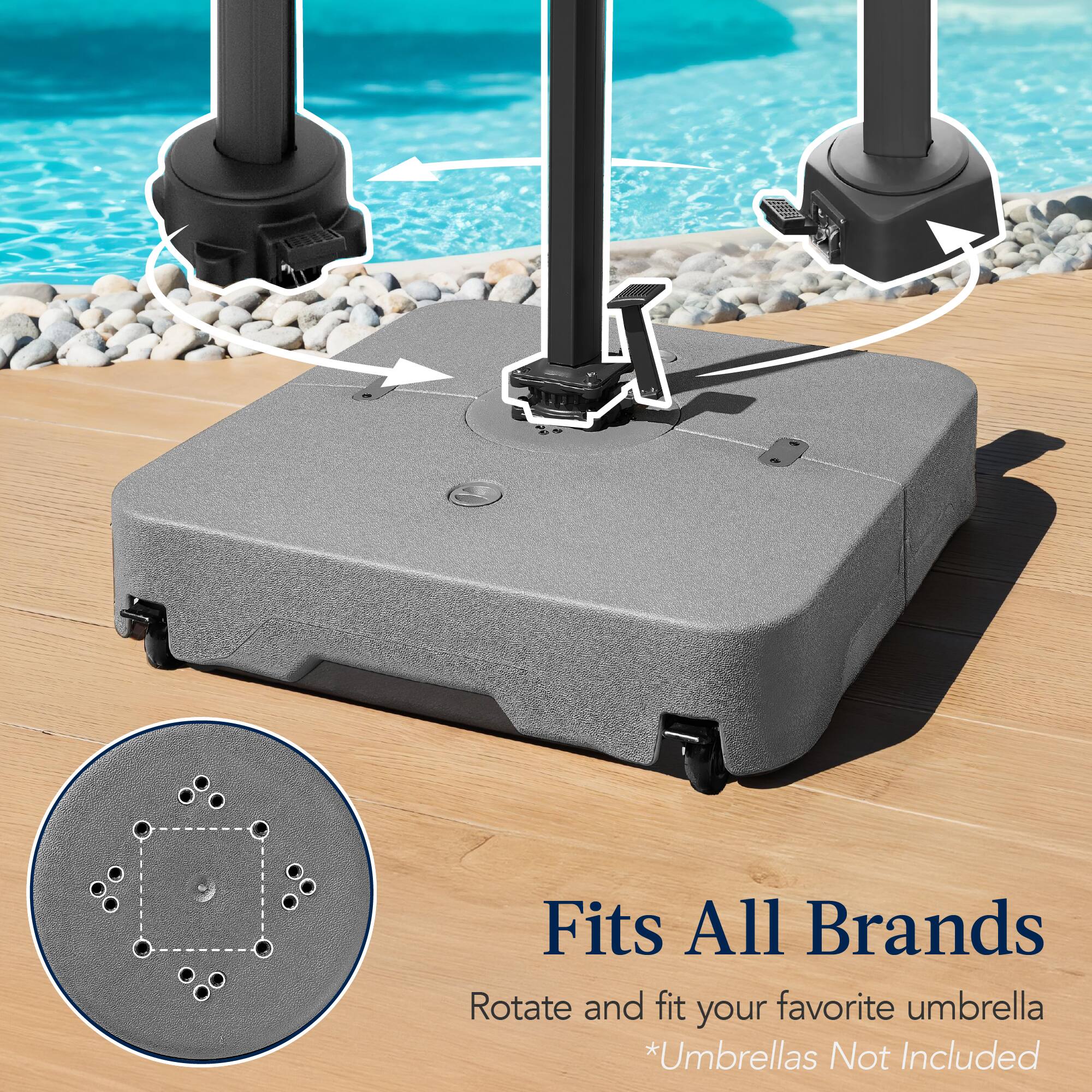 Fits All Brands. Rotate and fit your favorite umbrella. *Umbrellas Not Included.
