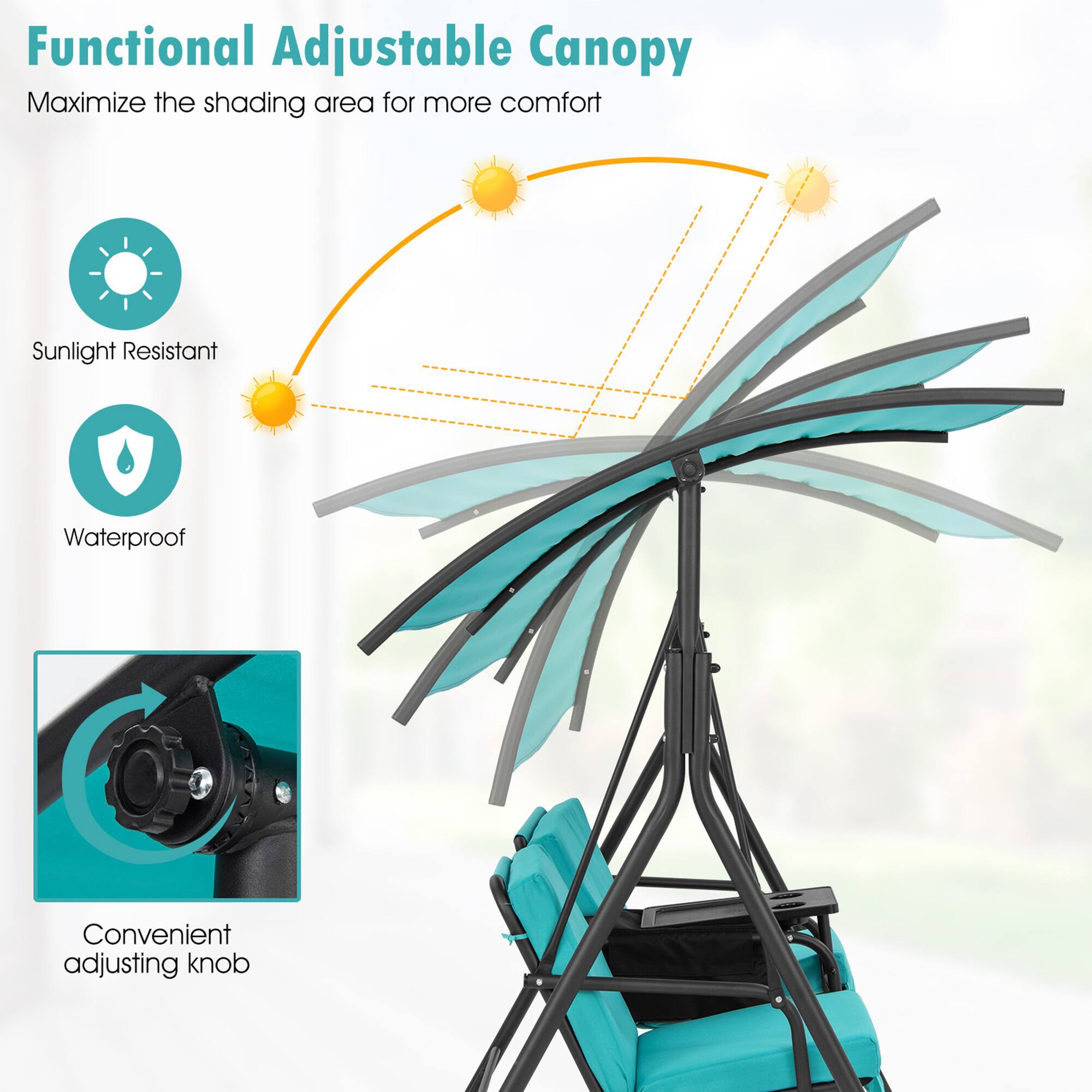 Alt View 5. Gymax - Gymax 2-Person Canopy Porch Swing Padded Chair Cooler Bag Rotatable Tray Turquoise - Turquoise.