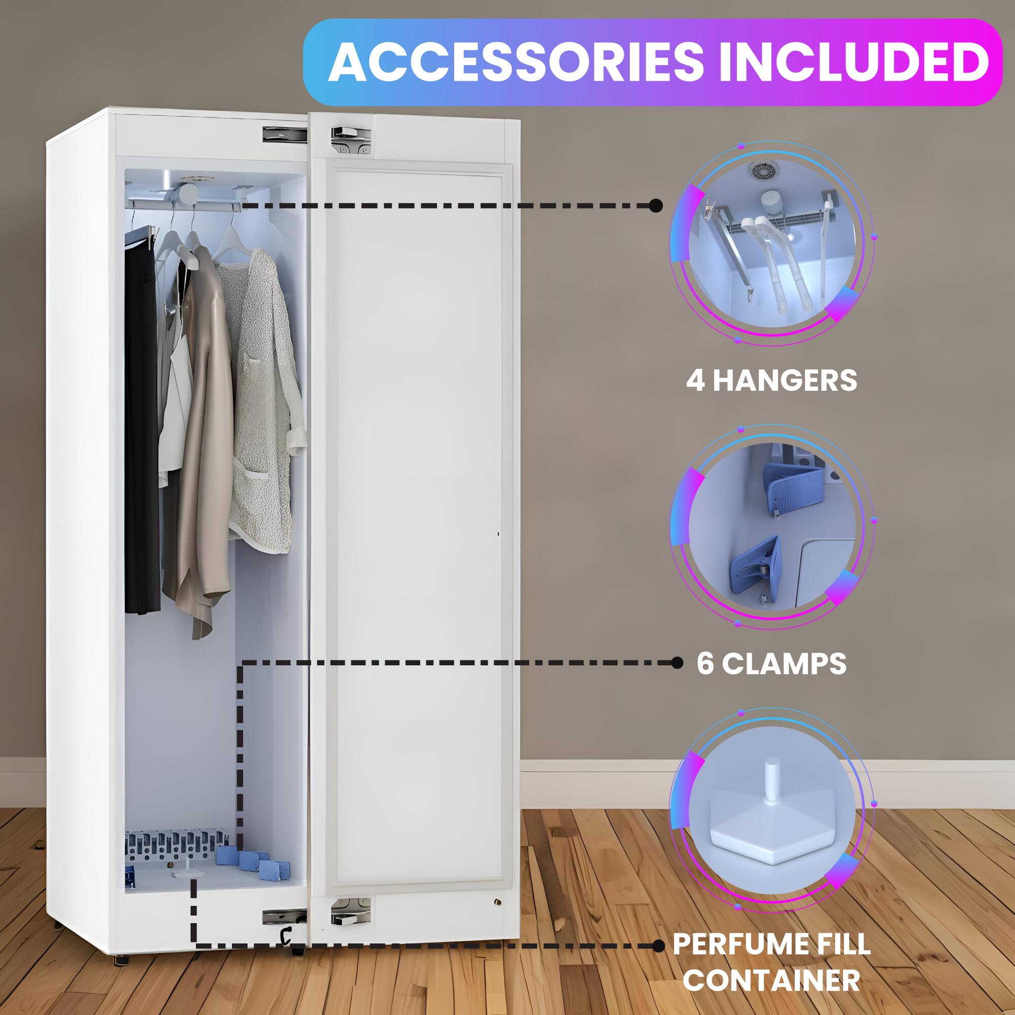 ACCESSORIES INCLUDED  
4 HANGERS  
6 CLAMPS  
PERFUME FILL CONTAINER