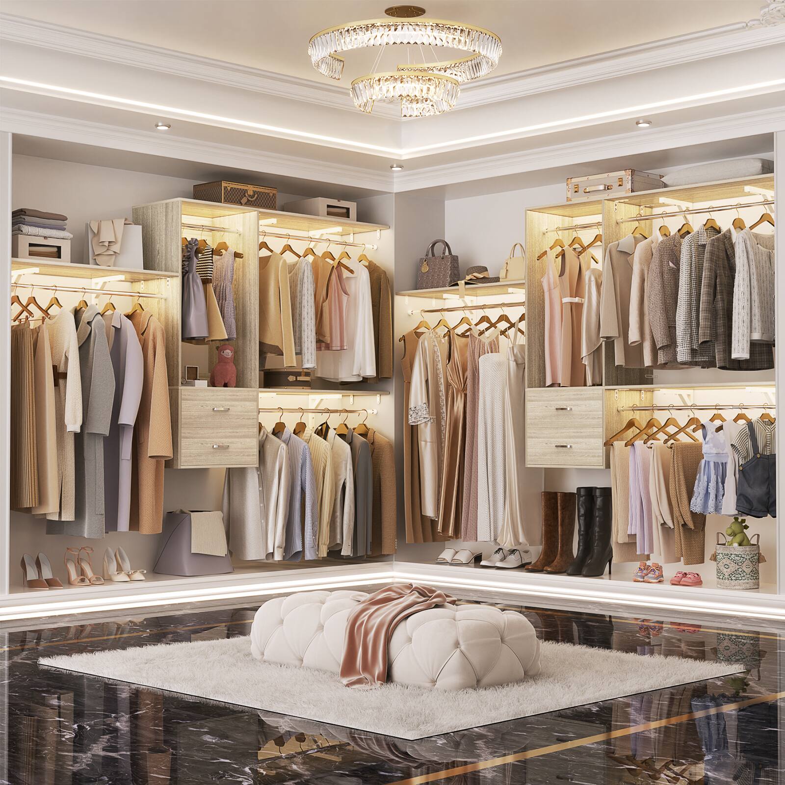 Alt View 4. Aheaplus - 20'' - 96'' Wall Mounted Closet Organizer System with 3 Shelf Towers, 3 Hanging Rods and 2 Drawers - Beige Oak.