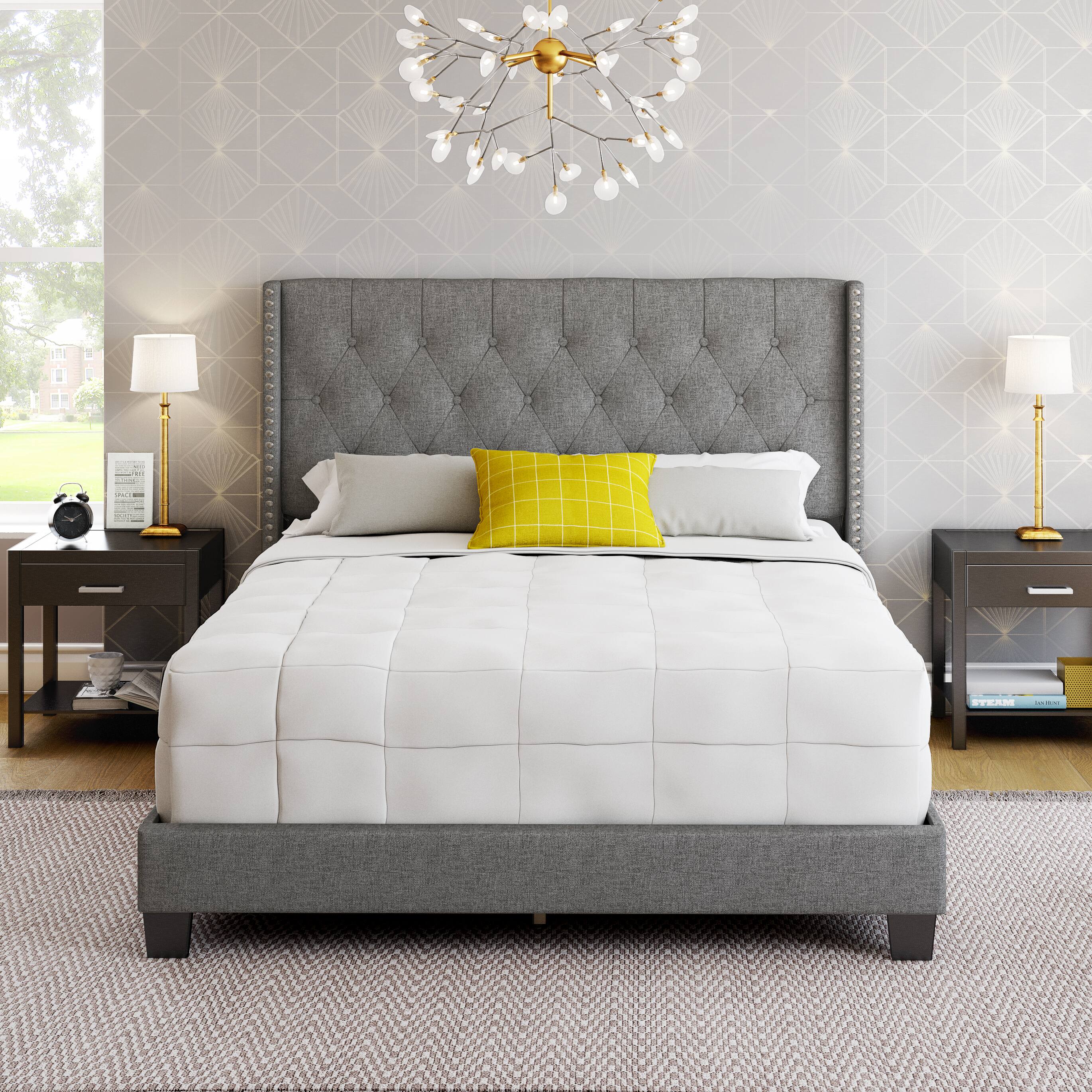 Alt View 5. Boyd Sleep - Mia Linen Platform Bed Frame with Tufted Headboard and Nailhead Trim, No Box Spring Required, Queen - Gray.