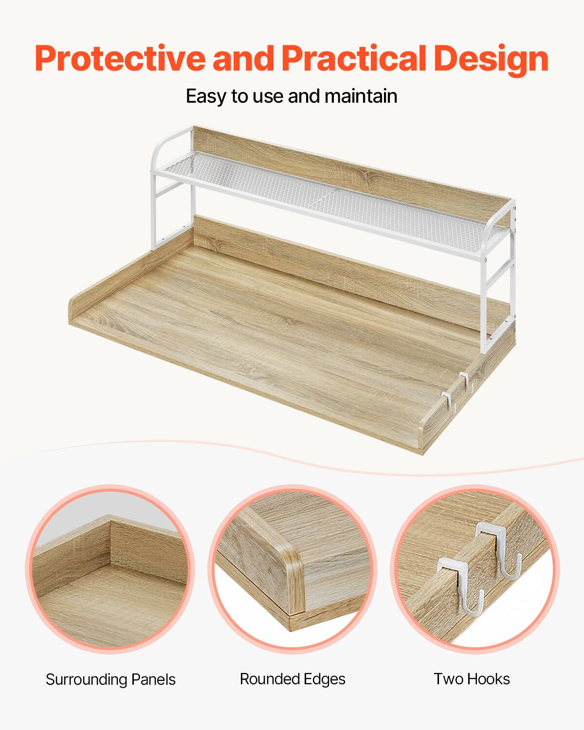 Protective and Practical Design  
Easy to use and maintain  

Surrounding Panels  
Rounded Edges  
Two Hooks