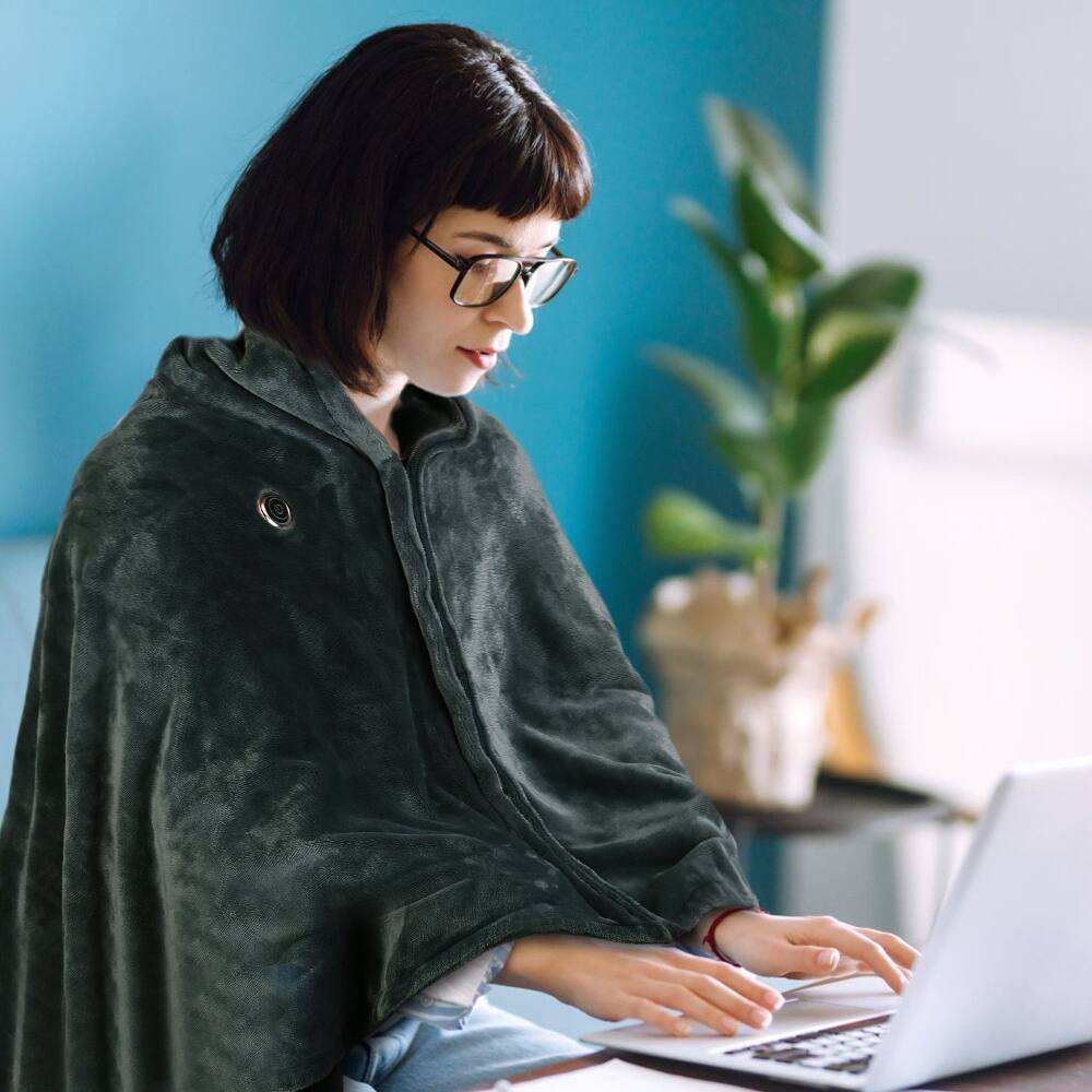 Alt View 2. Loheer - Loheer Wearable Heated Poncho with Zipper USB Blanket 59x31in - Grey.
