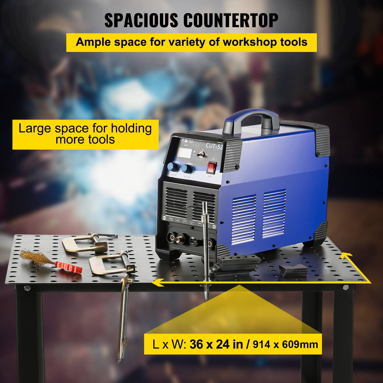 SPACIOUS COUNTERTOP  
Ample space for variety of workshop tools  

Large space for holding more tools  

L x W: 36 x 24 in / 914 x 609mm