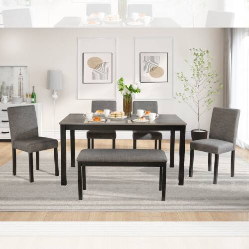 Alt View 2. LUCKY ONE - 6-Piece Dining Set with 58.5" Rectangular Dining Table, Bench and 4 Upholstered Chairs - Black+Light Gray.