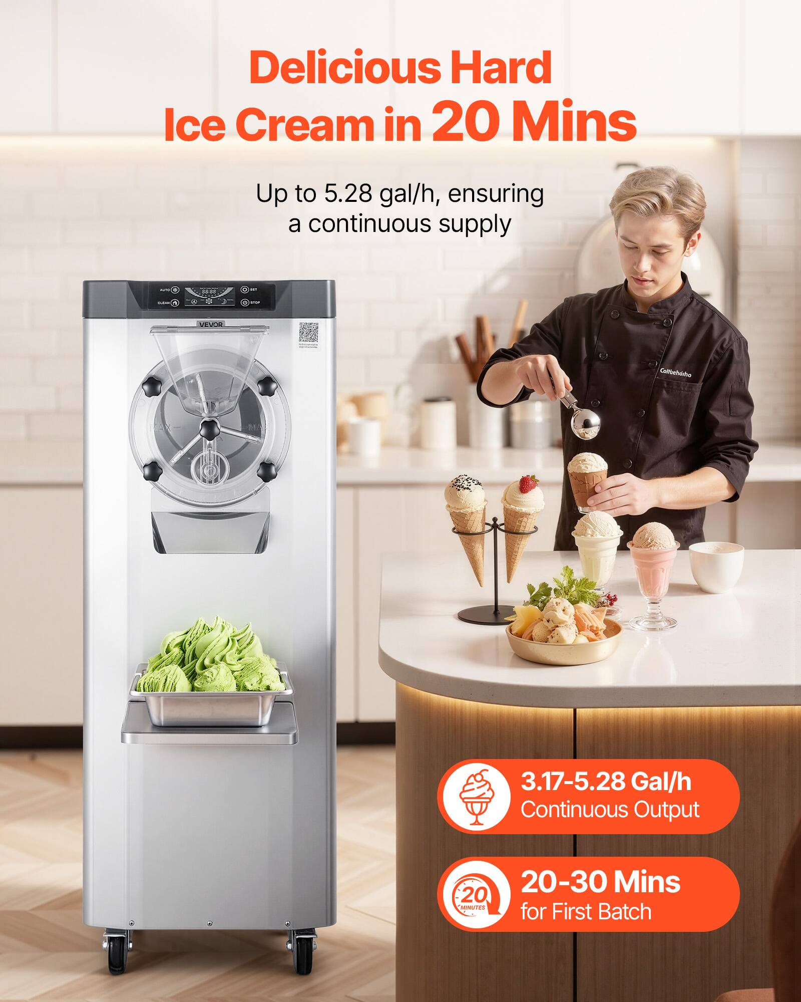 Delicious Hard Ice Cream in 20 Mins

Up to 5.28 gal/h, ensuring a continuous supply

3.17-5.28 Gal/h Continuous Output

20-30 Mins for First Batch