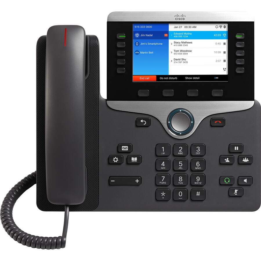 CISCO 515 333 0000  
Jan 27 09:30 AM  
Jim Nadal  
400 505 1234  
42:03  

Stacy Mathews  
415 888 2345  
0:45  

Martin Bell  
972 659 2004  
10:28  

Tom Woodrow  
214 787 3435  
2:07  

David Shu  
214 787 3435  

End call  
Do not disturb  
Show detail  

1 ABC  
2 DEF  
3 GHI  
4 JKL  
5 MNO  
6 PQRS  
7 TUV  
8 WXYZ  
9  
0