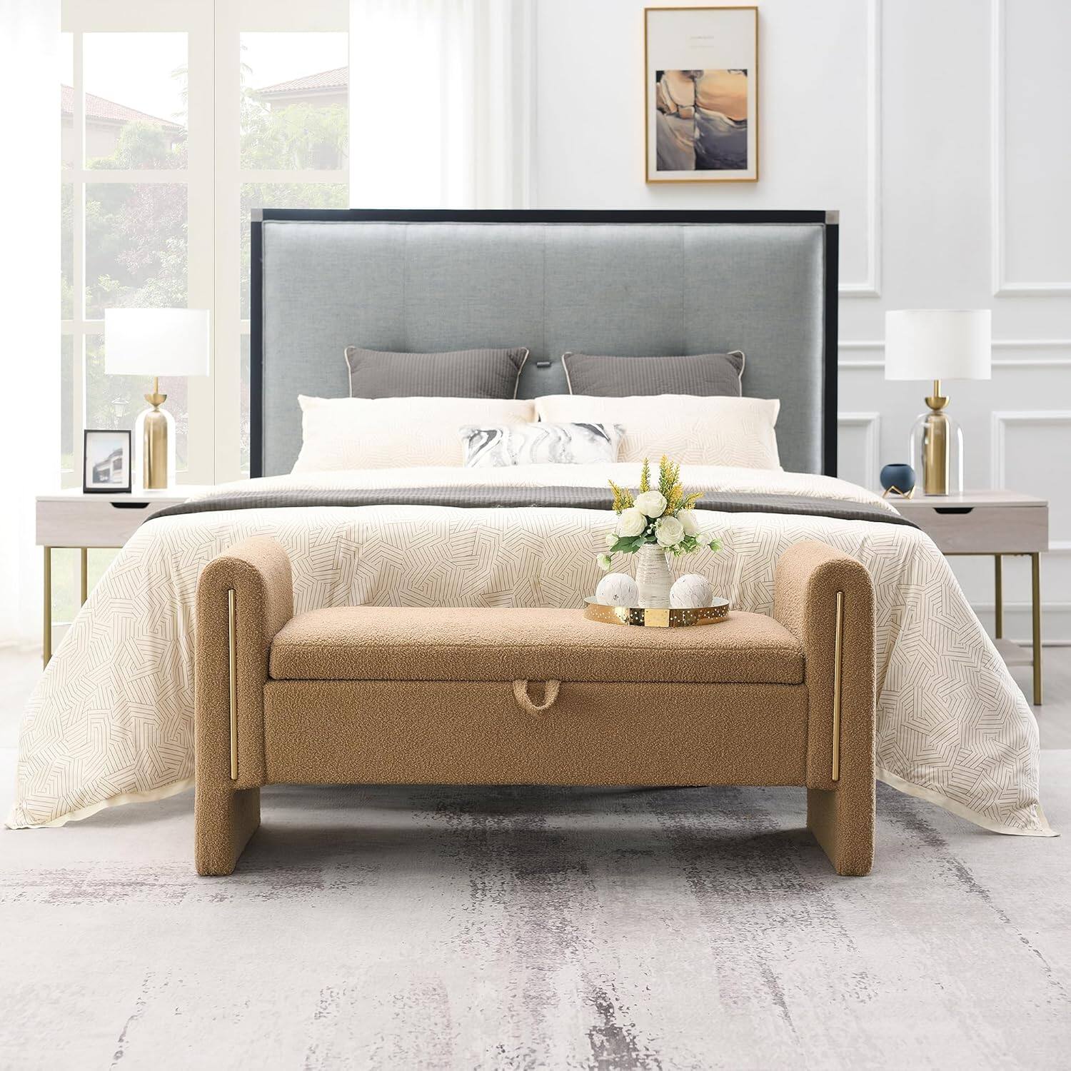 Alt View 5. Trinkets Crazed - Modern 52" Storage Ottoman Bench, Upholstered End of Bed Storage Bench with Armrests - coffee.