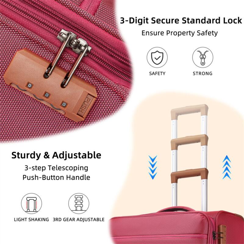 3-Digit Secure Standard Lock  
Ensure Property Safety  

SAFETY  
STRONG  

Sturdy & Adjustable  
3-step Telescoping Push-Button Handle  

LIGHT SHAKING  
3RD GEAR ADJUSTABLE