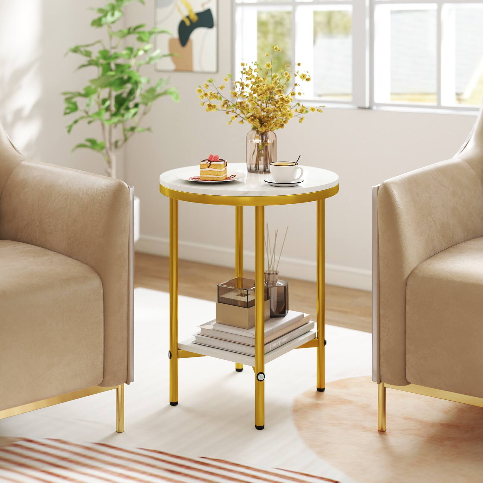 Alt View 5. Gymax - Gymax 16'' 2-Tier Round Side Table w/Storage Shelf Gold Metal Frame for Living Room - White.