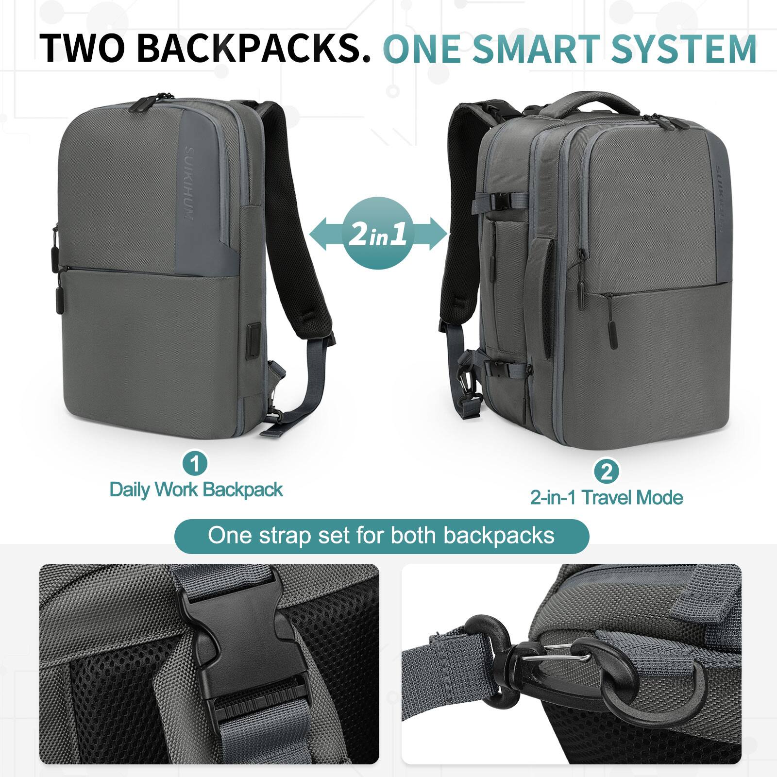 TWO BACKPACKS. ONE SMART SYSTEM

SUIKHUM 2 2-in-1

1. Daily Work Backpack
2. 2-in-1 Travel Mode

One strap set for both backpacks