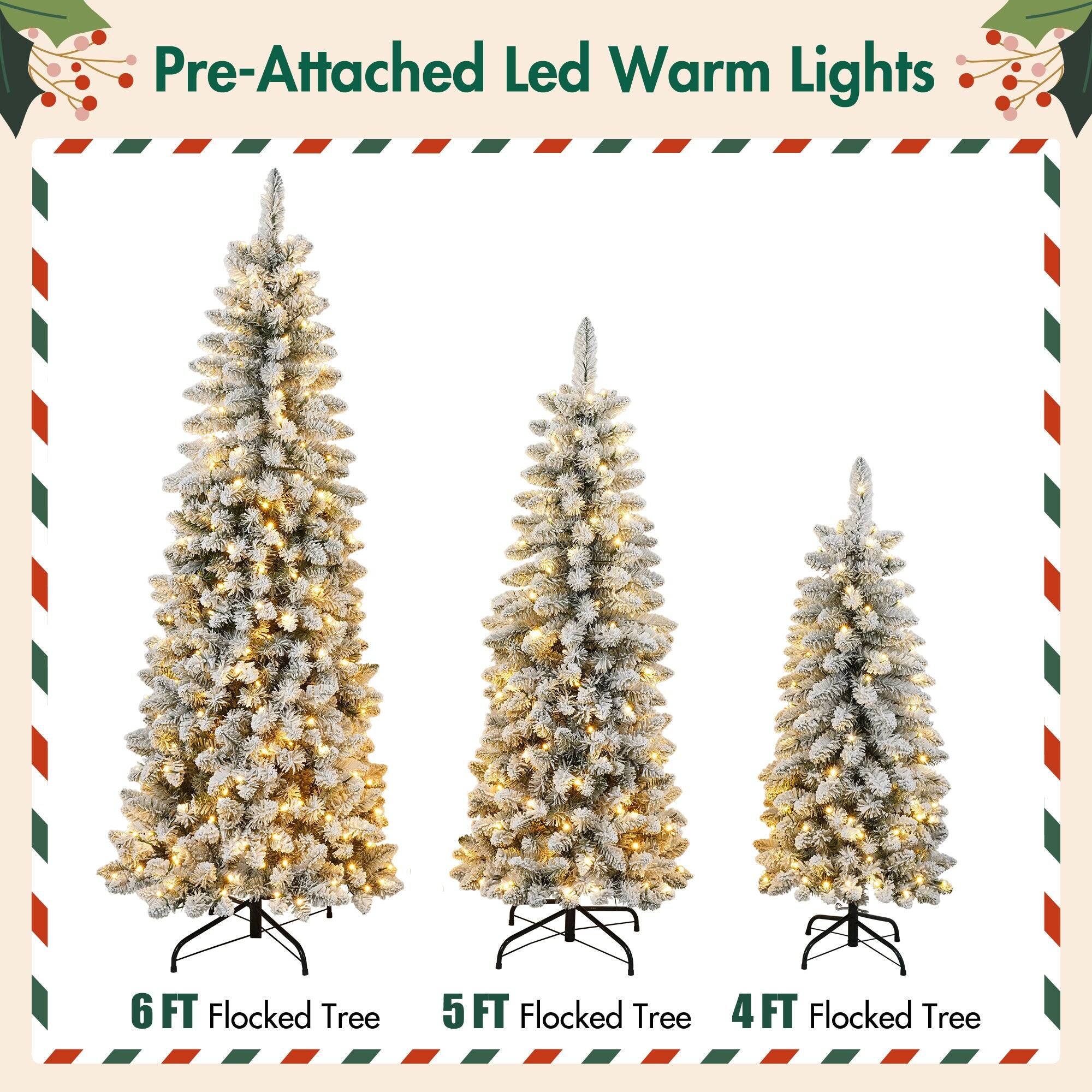 Pre-Attached LED Warm Lights

6 FT Flocked Tree  
5 FT Flocked Tree  
4 FT Flocked Tree
